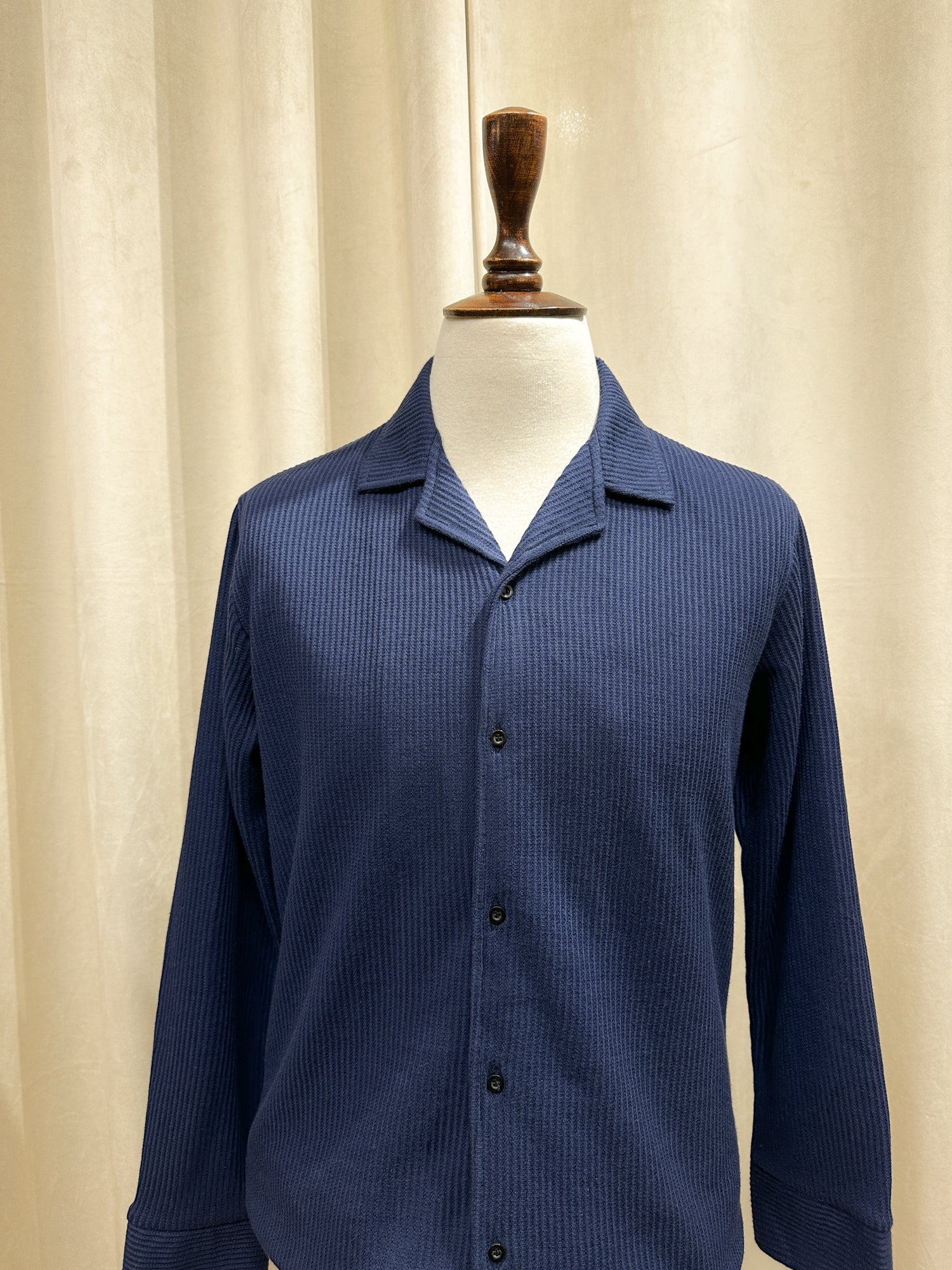 Navy Blue Drop Needle Revere Button Down - Full Sleeves