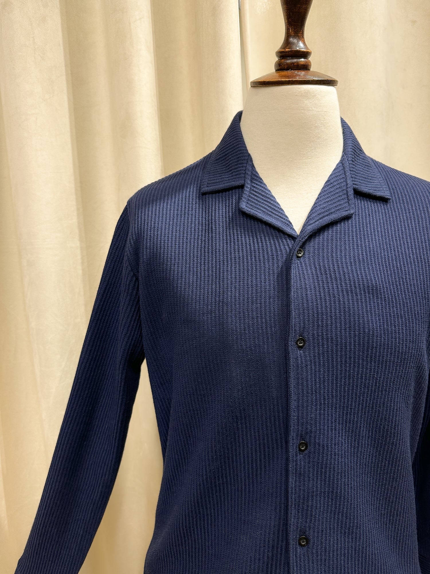 Navy Blue Drop Needle Revere Button Down - Full Sleeves