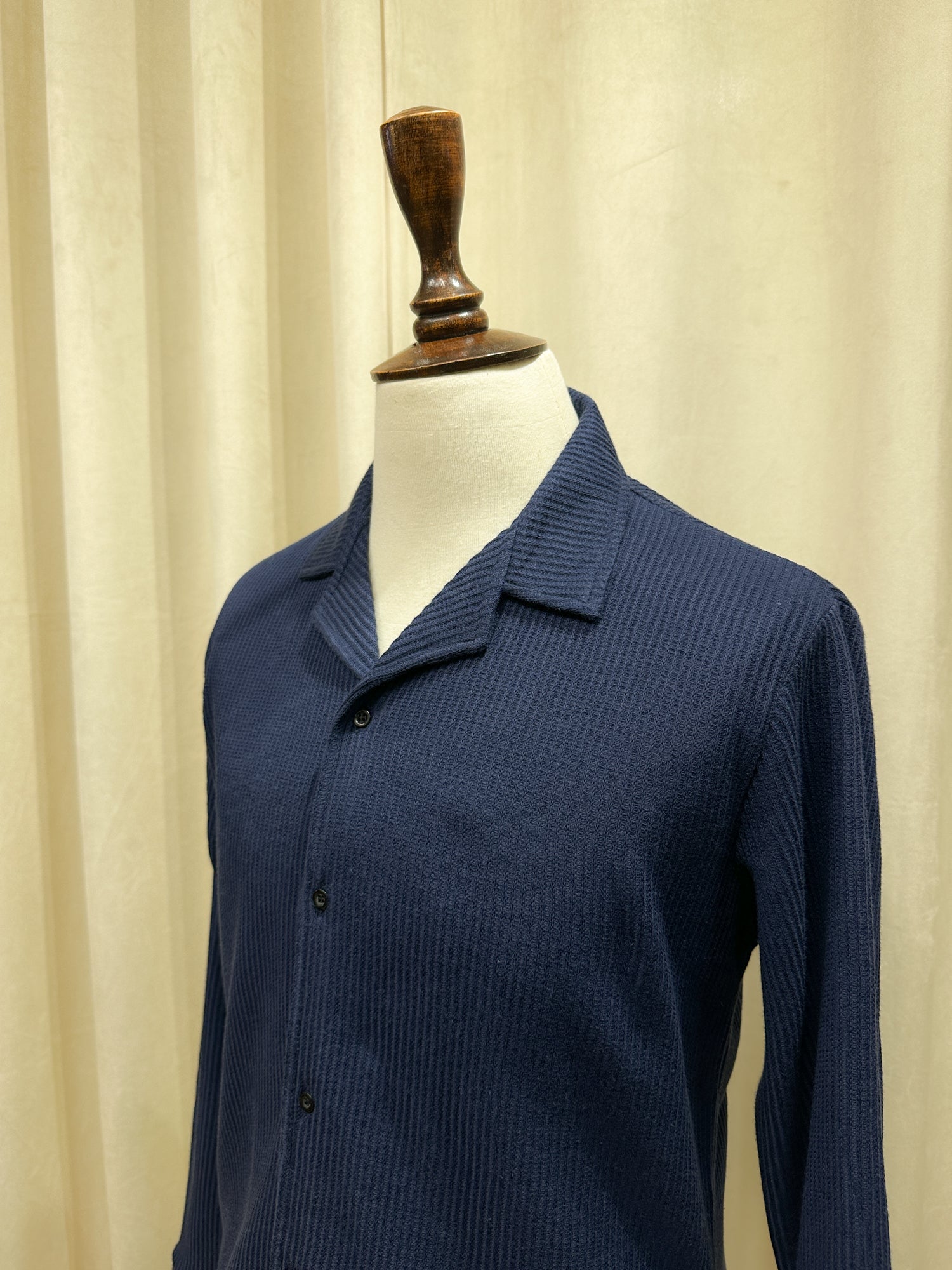 Navy Blue Drop Needle Revere Button Down - Full Sleeves