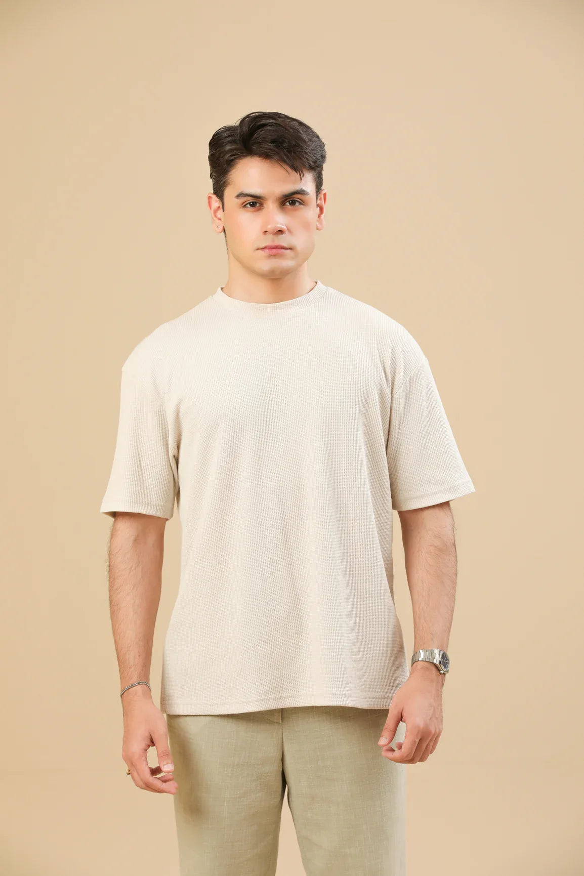 Off White Knit Textured Oversized T-Shirt - Men - Muraqsh -- Men Western