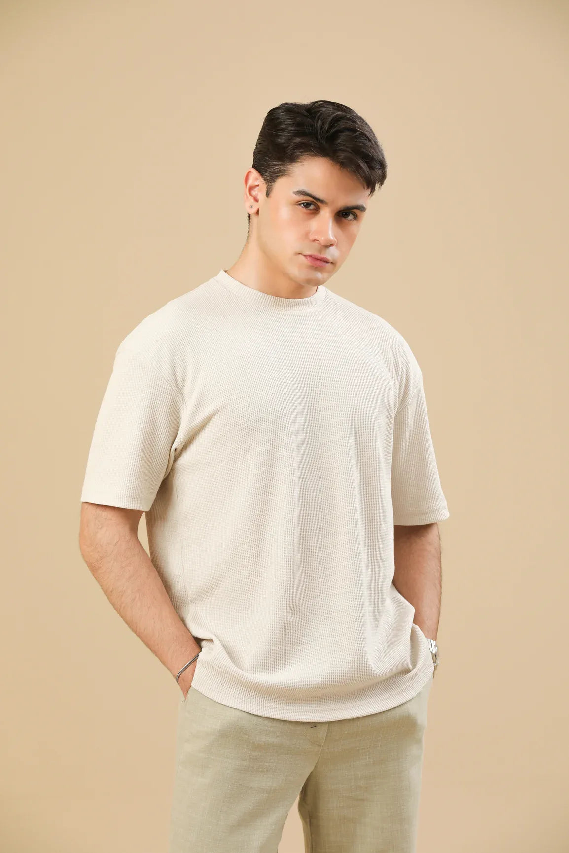 Off White Knit Textured Oversized T-Shirt - Men - Muraqsh -- Men Western