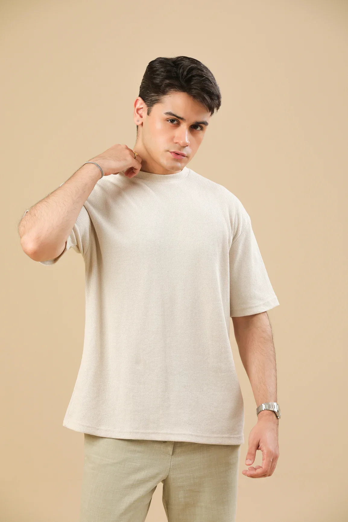 Off White Knit Textured Oversized T-Shirt - Men - Muraqsh -- Men Western