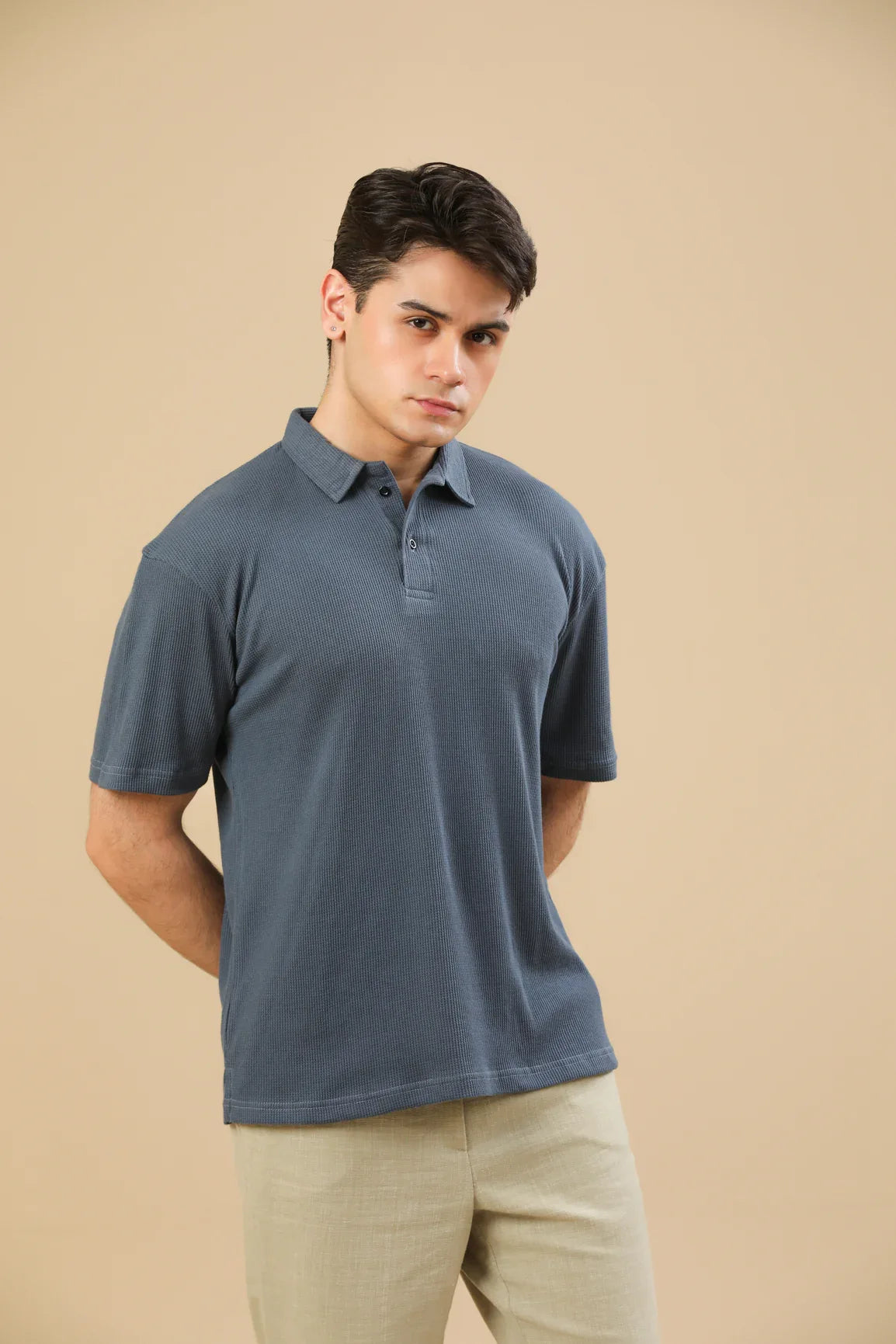 Midnight Blue Oversized Waffle Polo - Men - Muraqsh -- Men Western