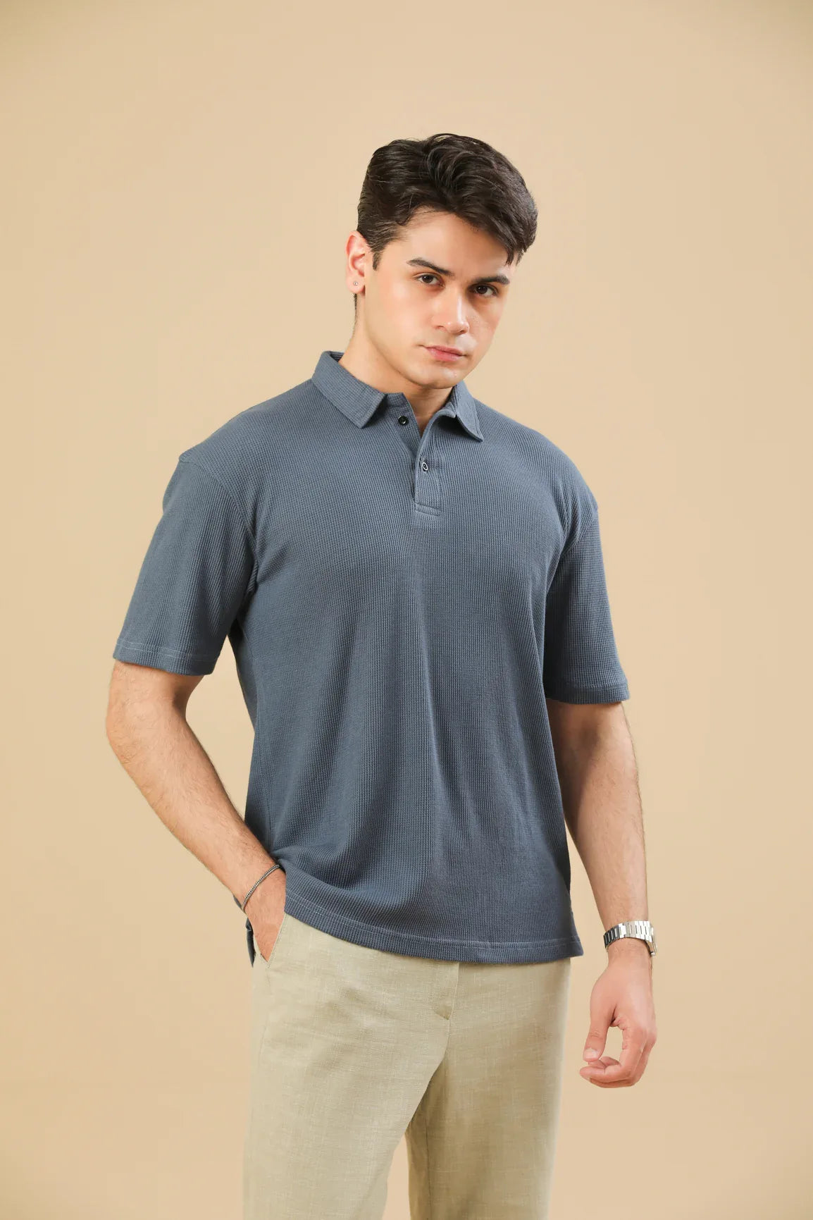 Midnight Blue Oversized Waffle Polo - Men - Muraqsh -- Men Western