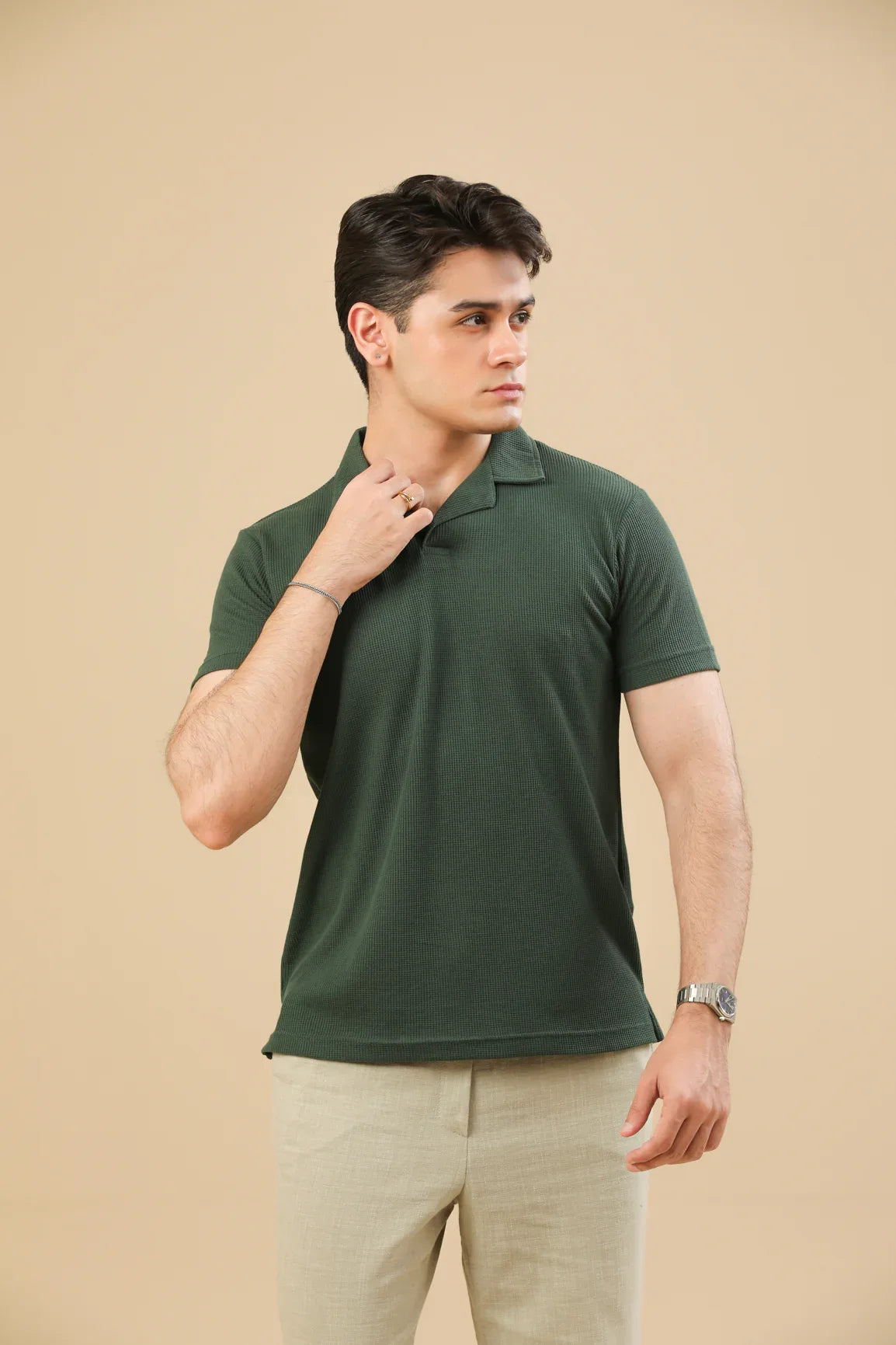 Waffle Bottle Green Revere Polo - Muraqsh -- Men Western