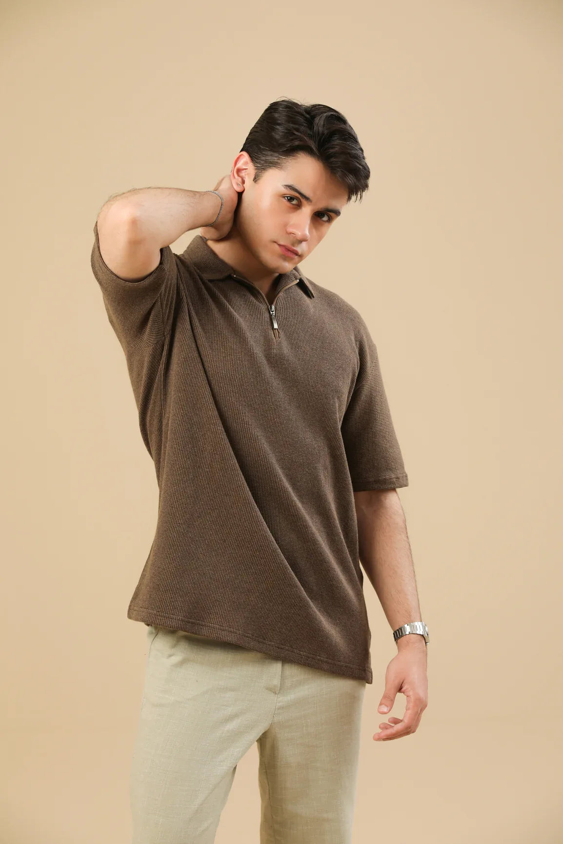 Coffee Brown Oversized Waffle Zipper Polo - Men - Muraqsh -- Men Western