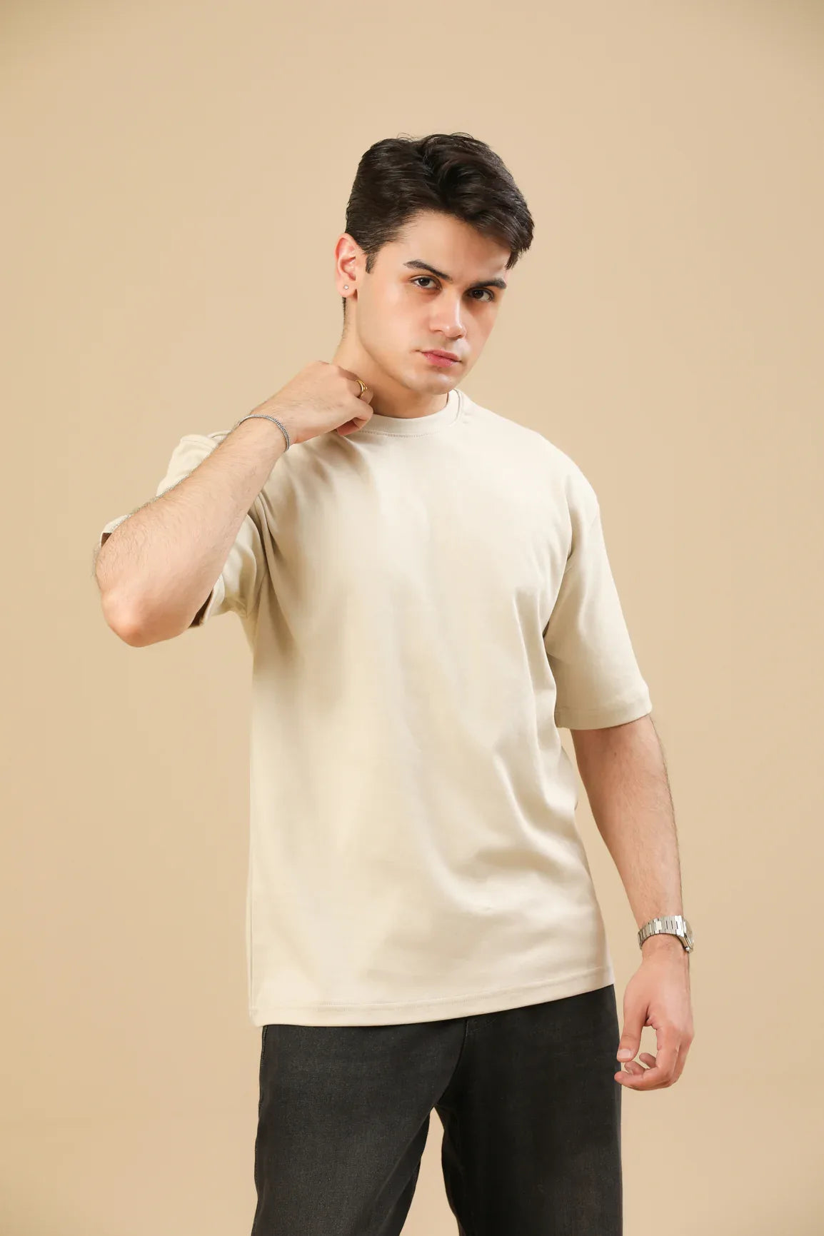 Beige Interlock Oversized Tee - Men - Muraqsh -- Men Western