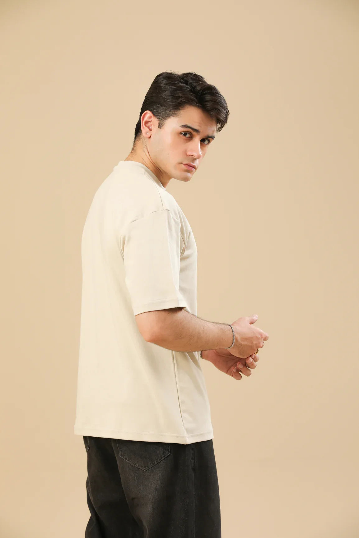 Beige Interlock Oversized Tee - Men - Muraqsh -- Men Western