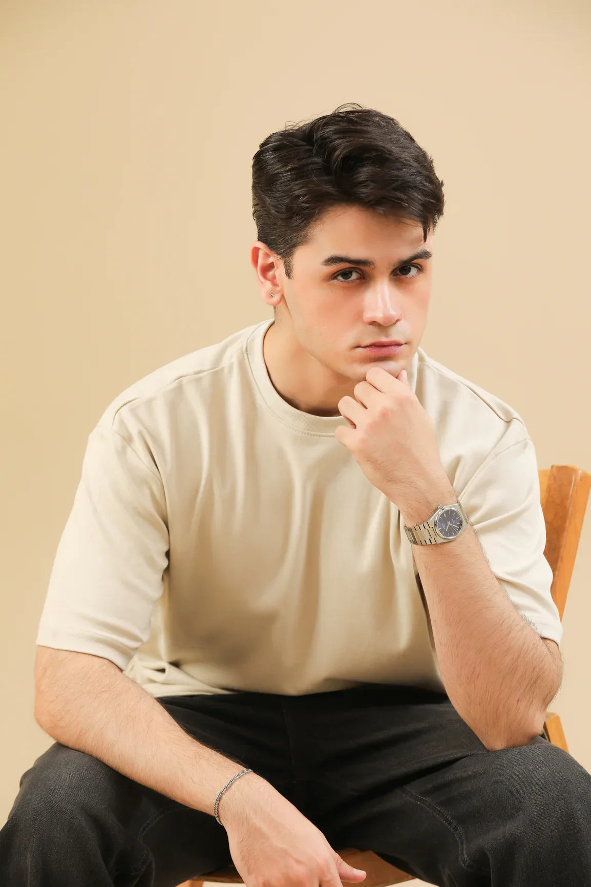 Beige Interlock Oversized Tee - Men - Muraqsh -- Men Western