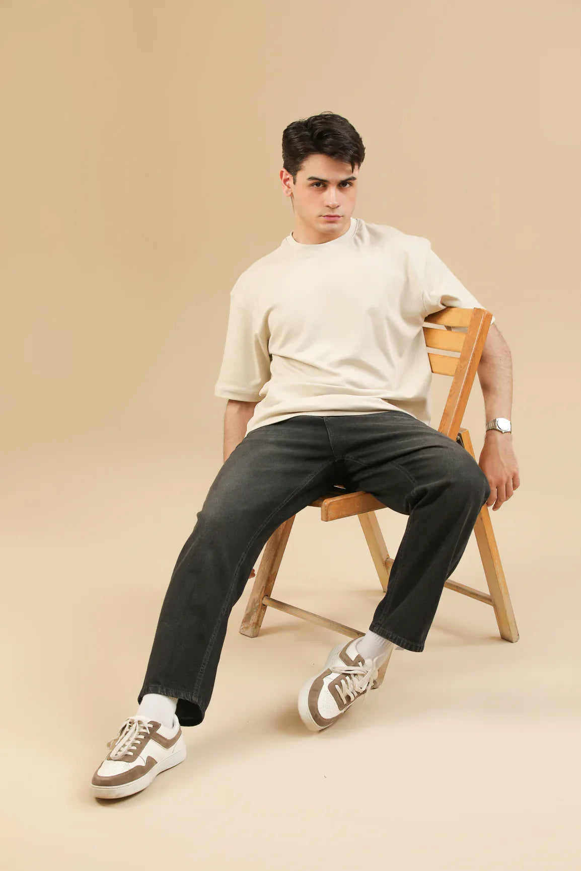 Beige Interlock Oversized Tee - Men - Muraqsh -- Men Western