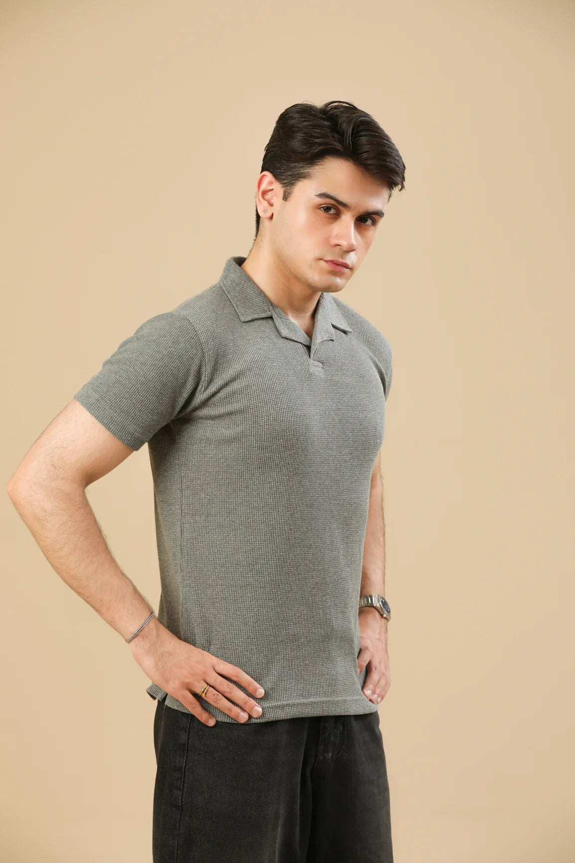 Light Grey Waffle Revere Polo - Men - Muraqsh -- Men Western