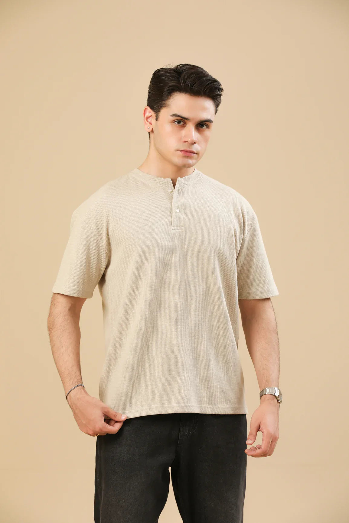 Beige White Waffle Oversized Henley - Men - Muraqsh -- Men Western