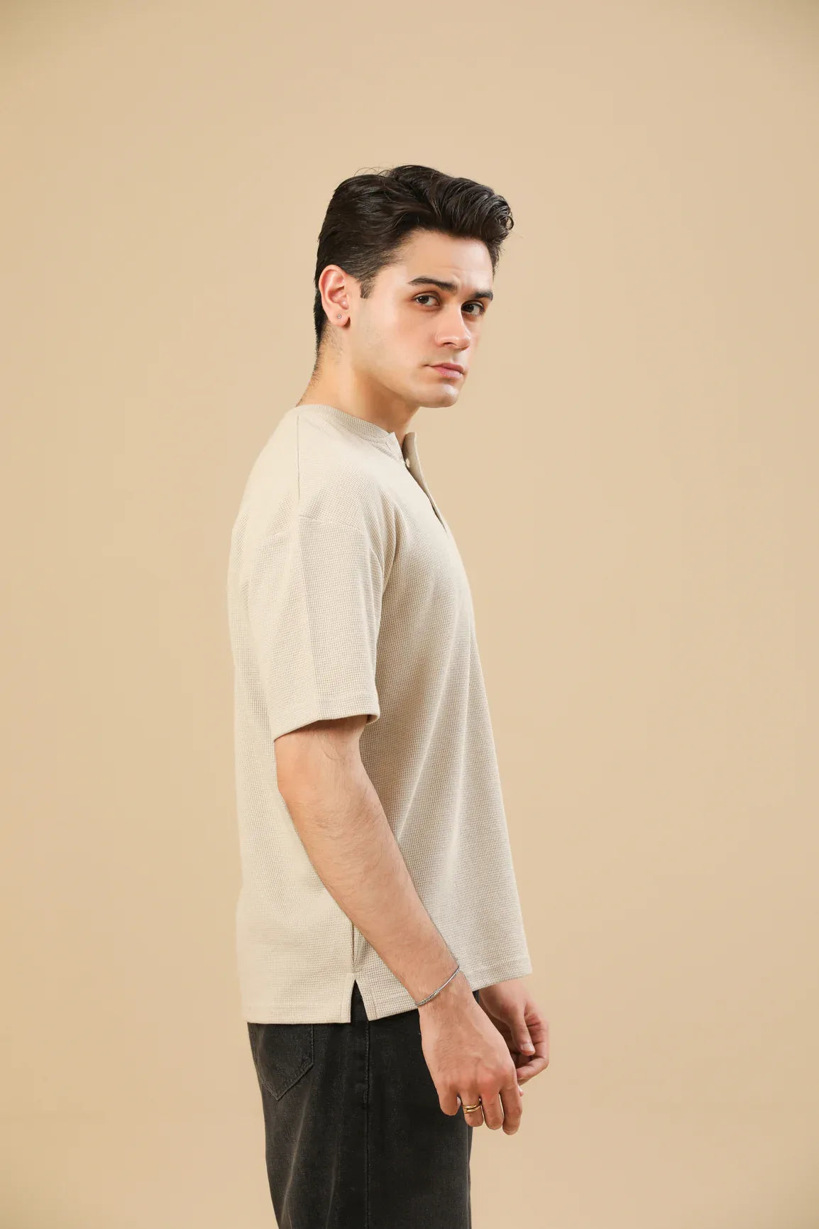 Beige White Waffle Oversized Henley - Men - Muraqsh -- Men Western