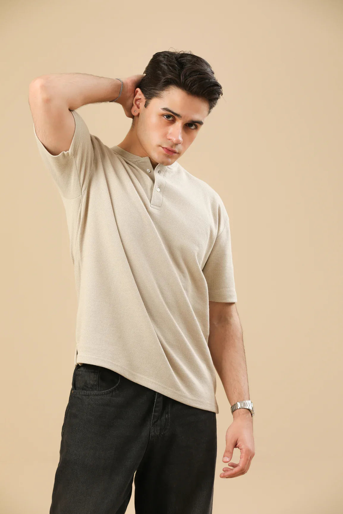 Beige White Waffle Oversized Henley - Men - Muraqsh -- Men Western