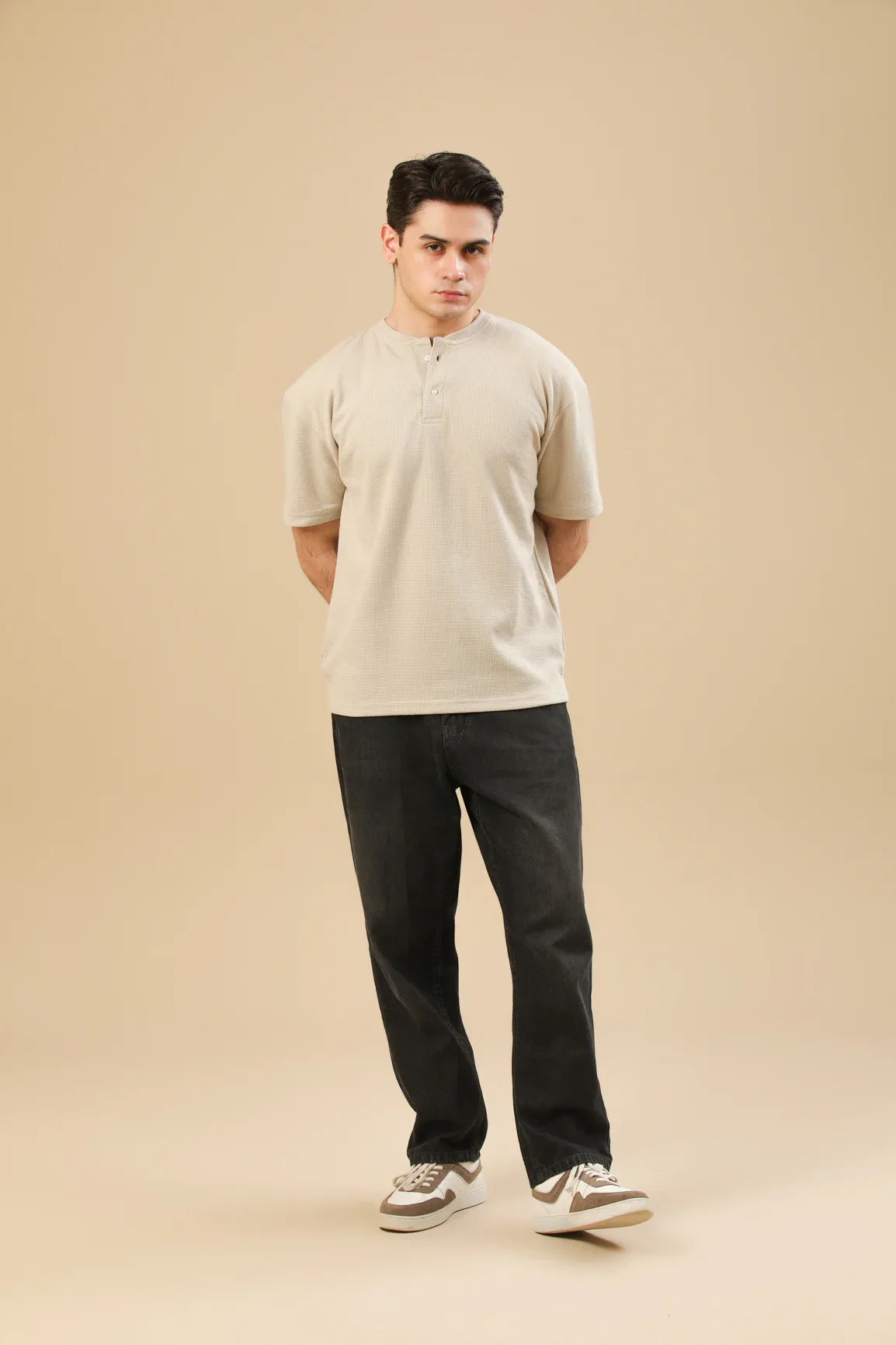 Beige White Waffle Oversized Henley - Men - Muraqsh -- Men Western