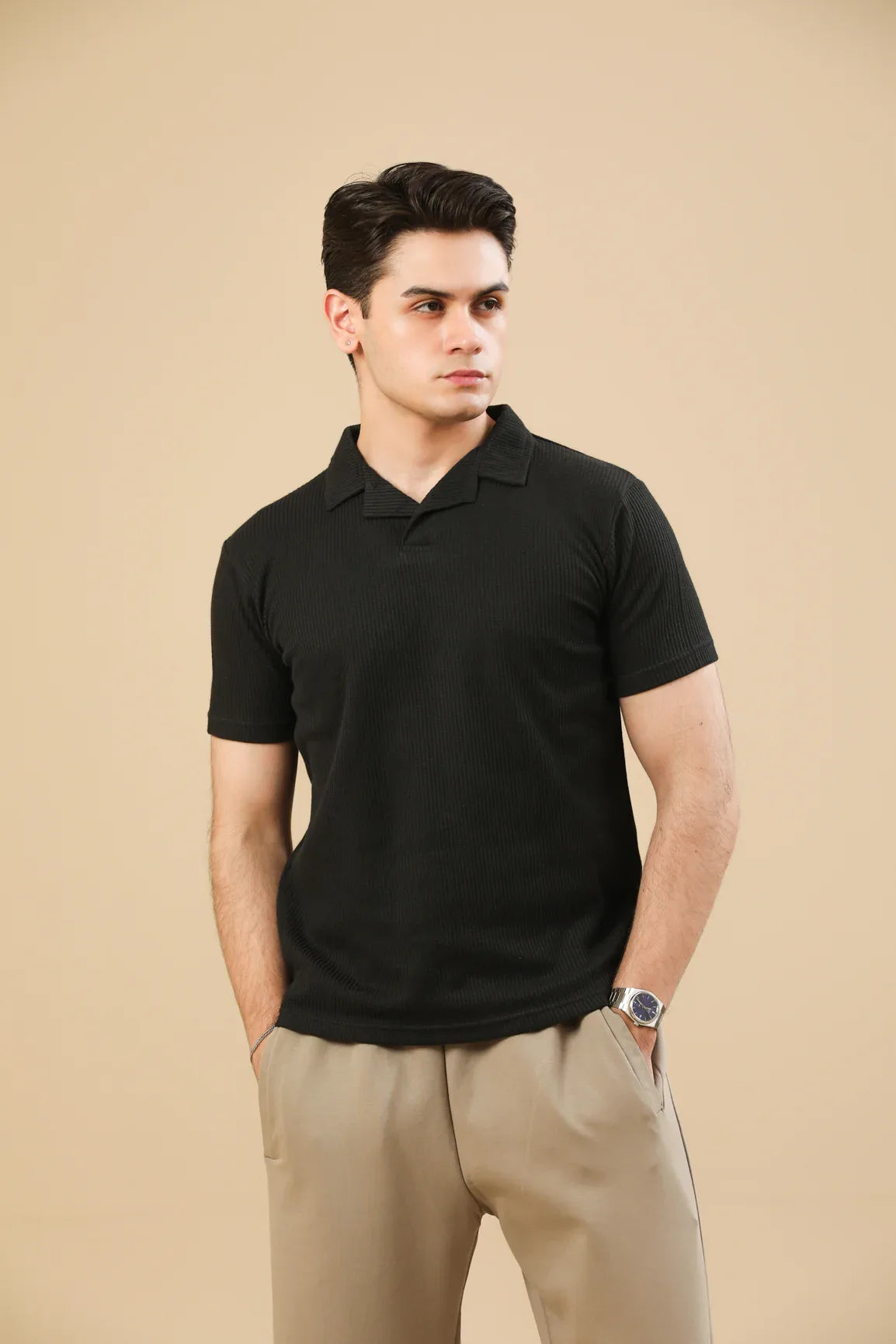 Black Drop Needle Revere Polo - Men - Muraqsh -- Men Western