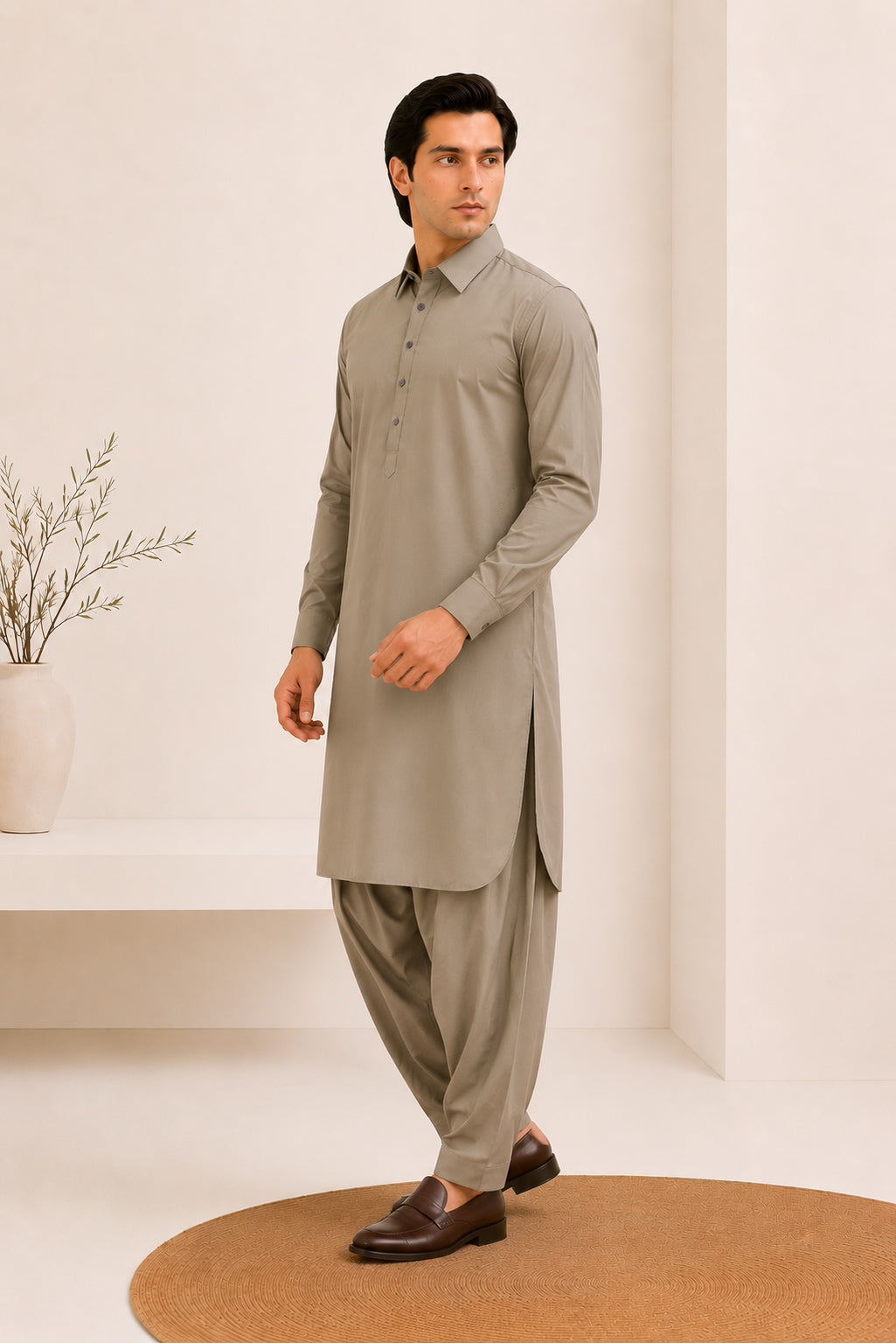 Sand Beige French Collar Kameez Shalwar - Men - Men