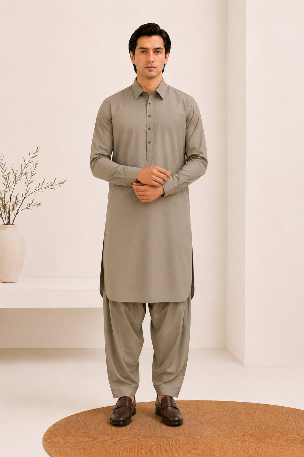 Sand Beige French Collar Kameez Shalwar - Men - Men