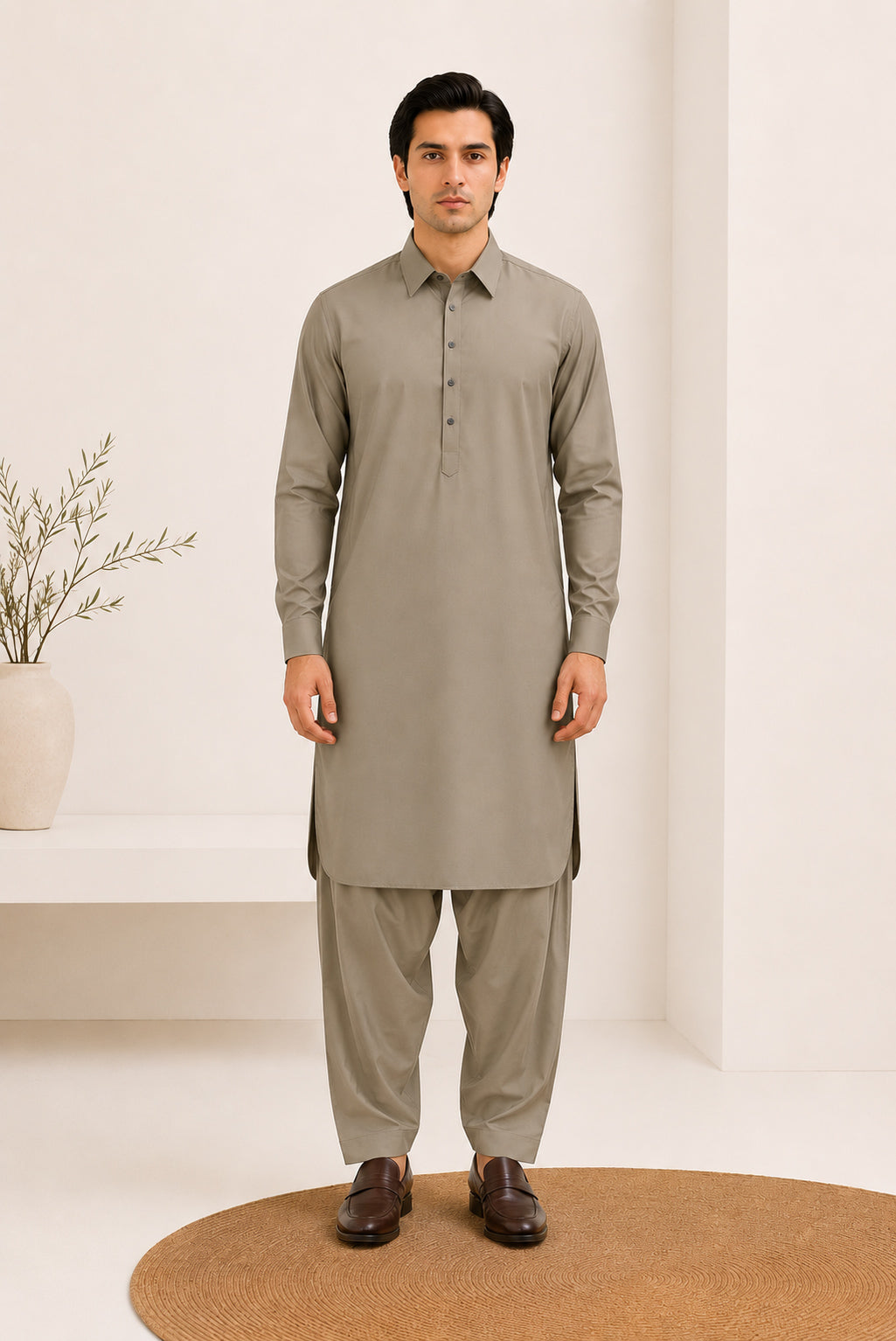 Sand Beige French Collar Kameez Shalwar - Men - Men
