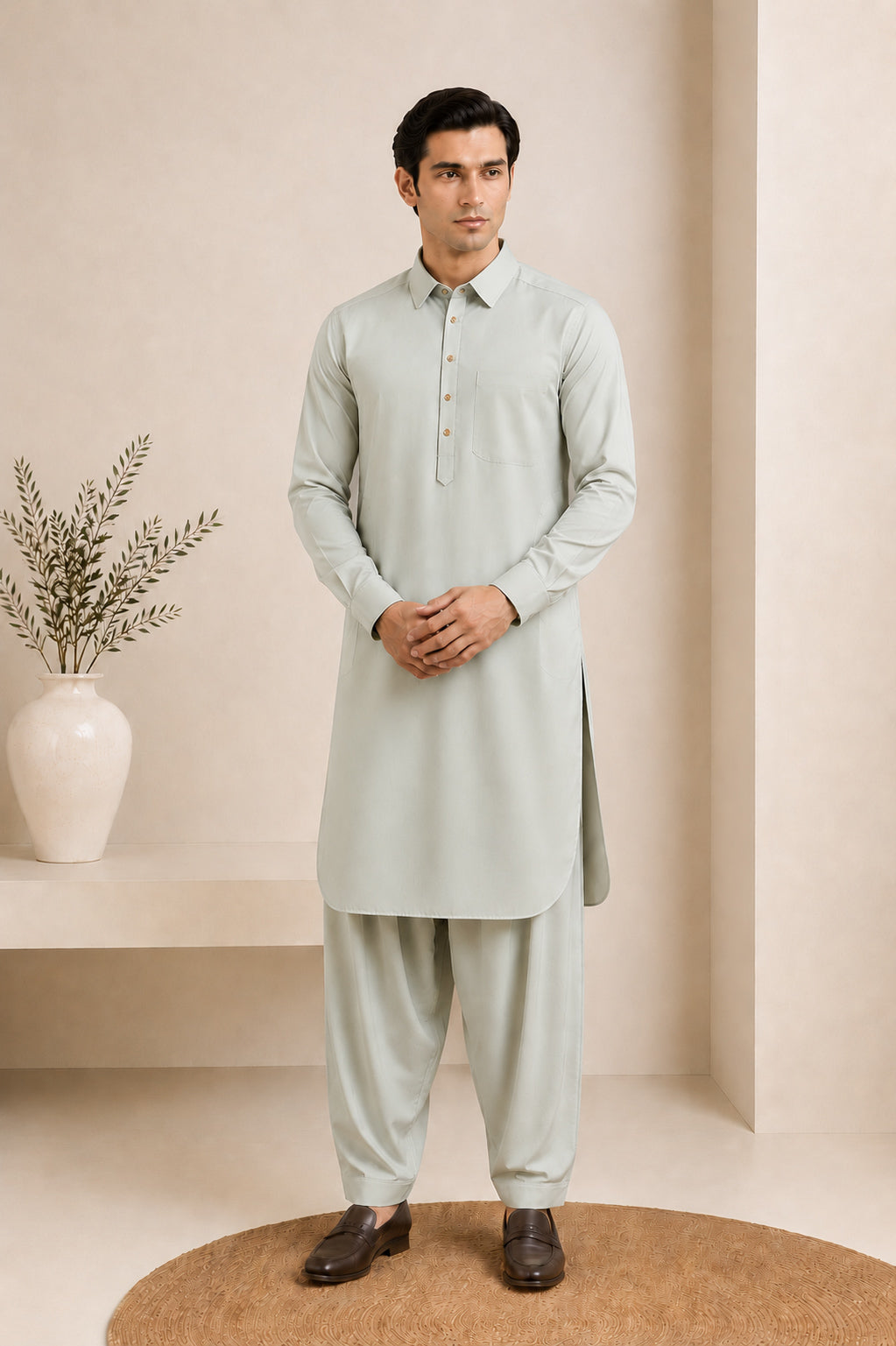 Ash Mint French Collar Kameez Shalwar - Men - Men