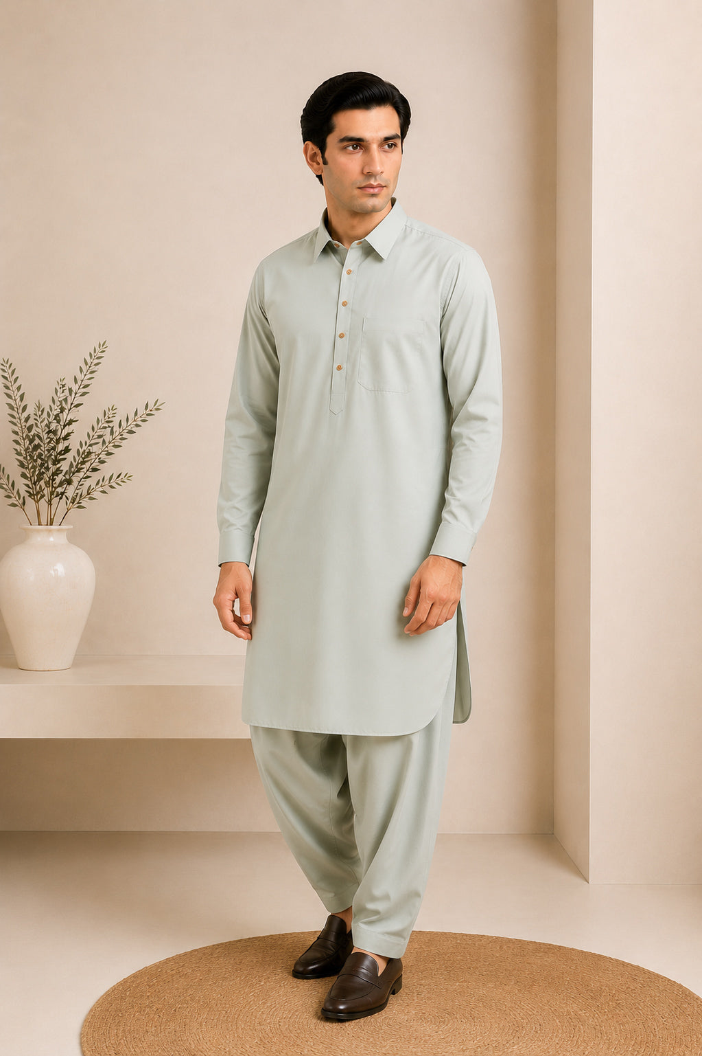 Ash Mint French Collar Kameez Shalwar - Men - Men