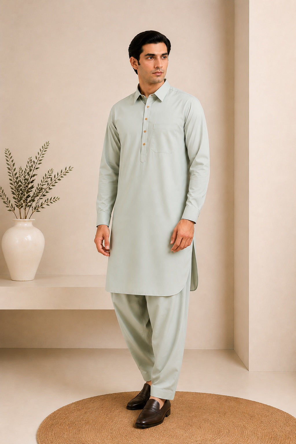 Ash Mint French Collar Kameez Shalwar - Men - Men
