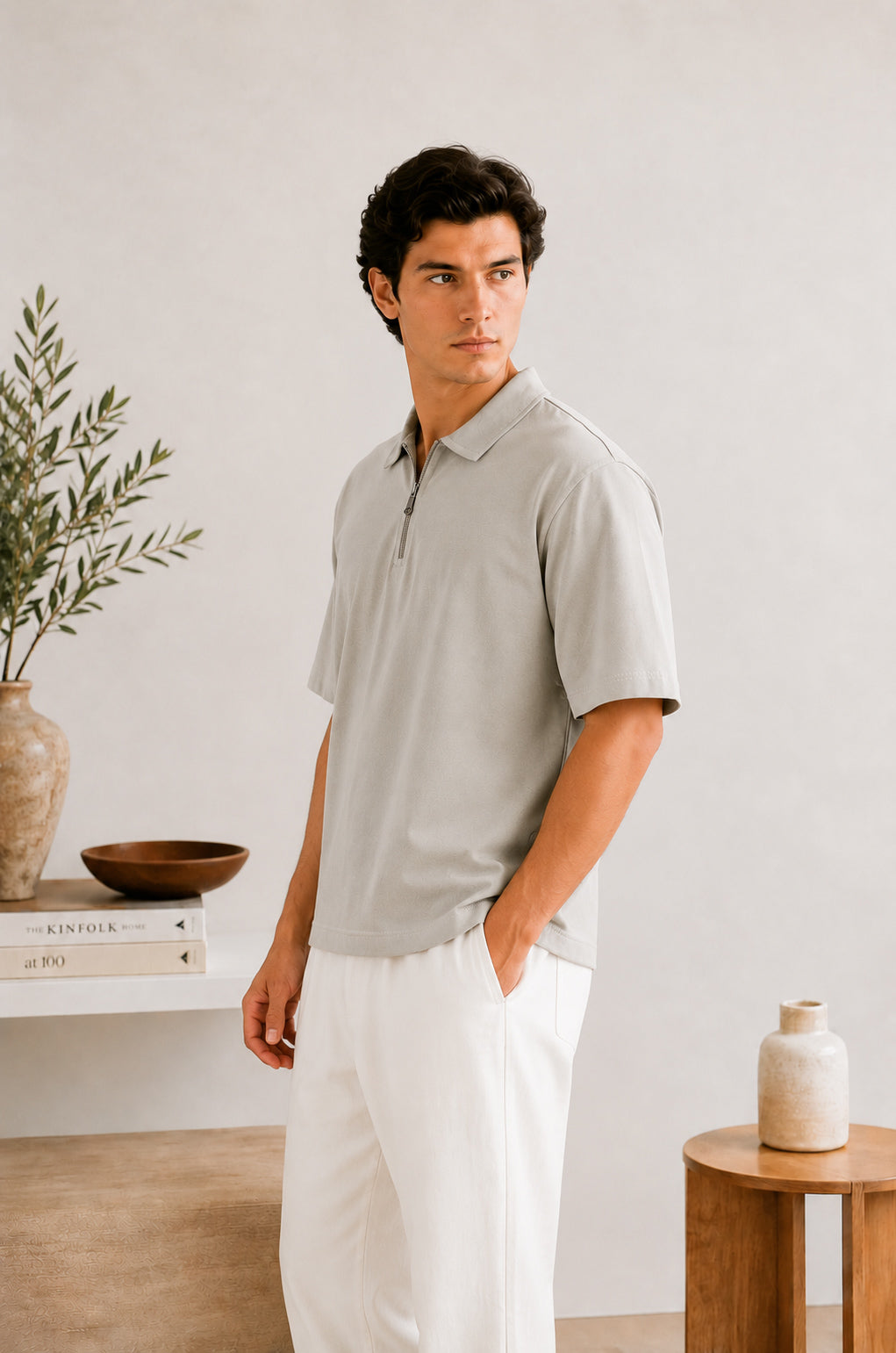Ash White Terry Zipper Polo - Men - Men