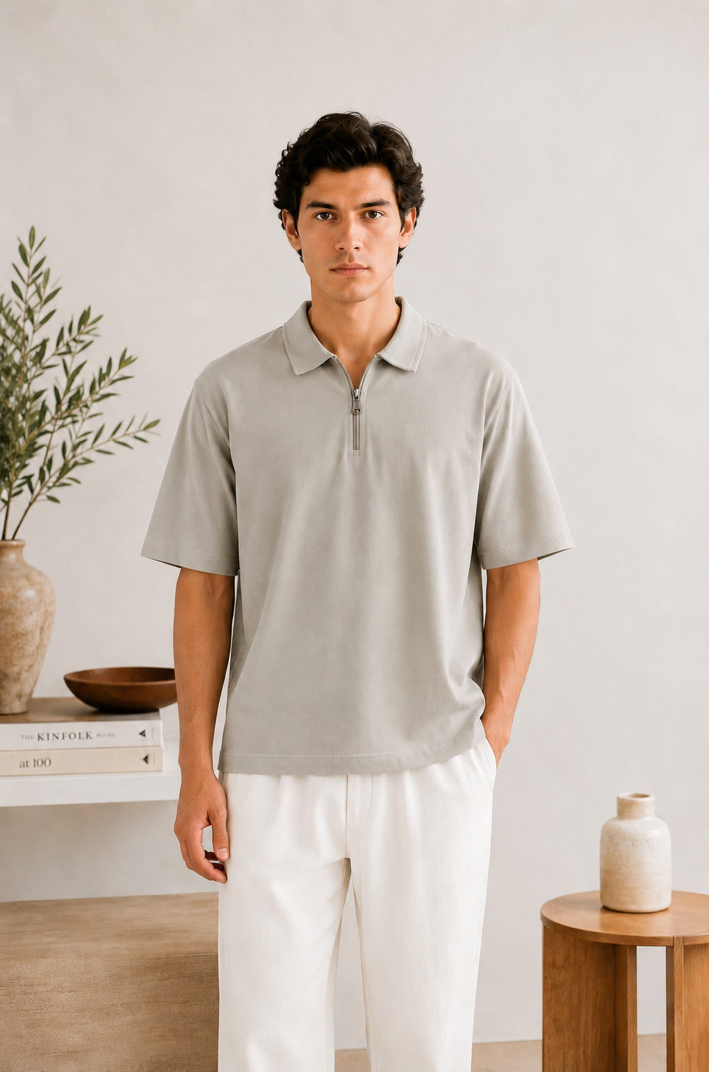 Ash White Terry Zipper Polo - Men - Men