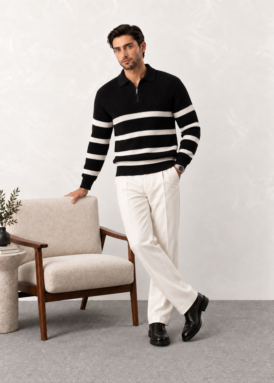 Black Striper Polo Sweater