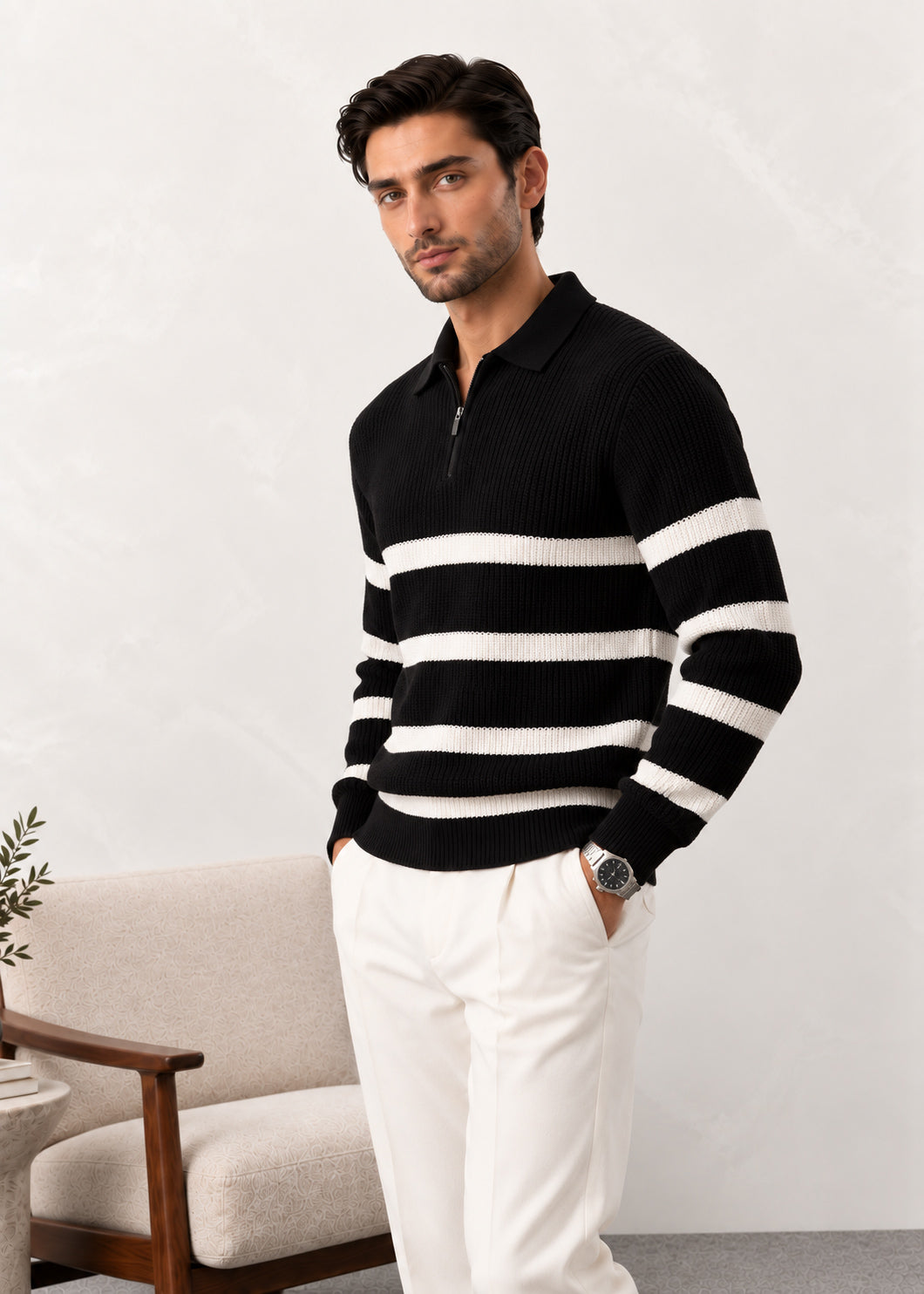 Black Striper Polo Sweater