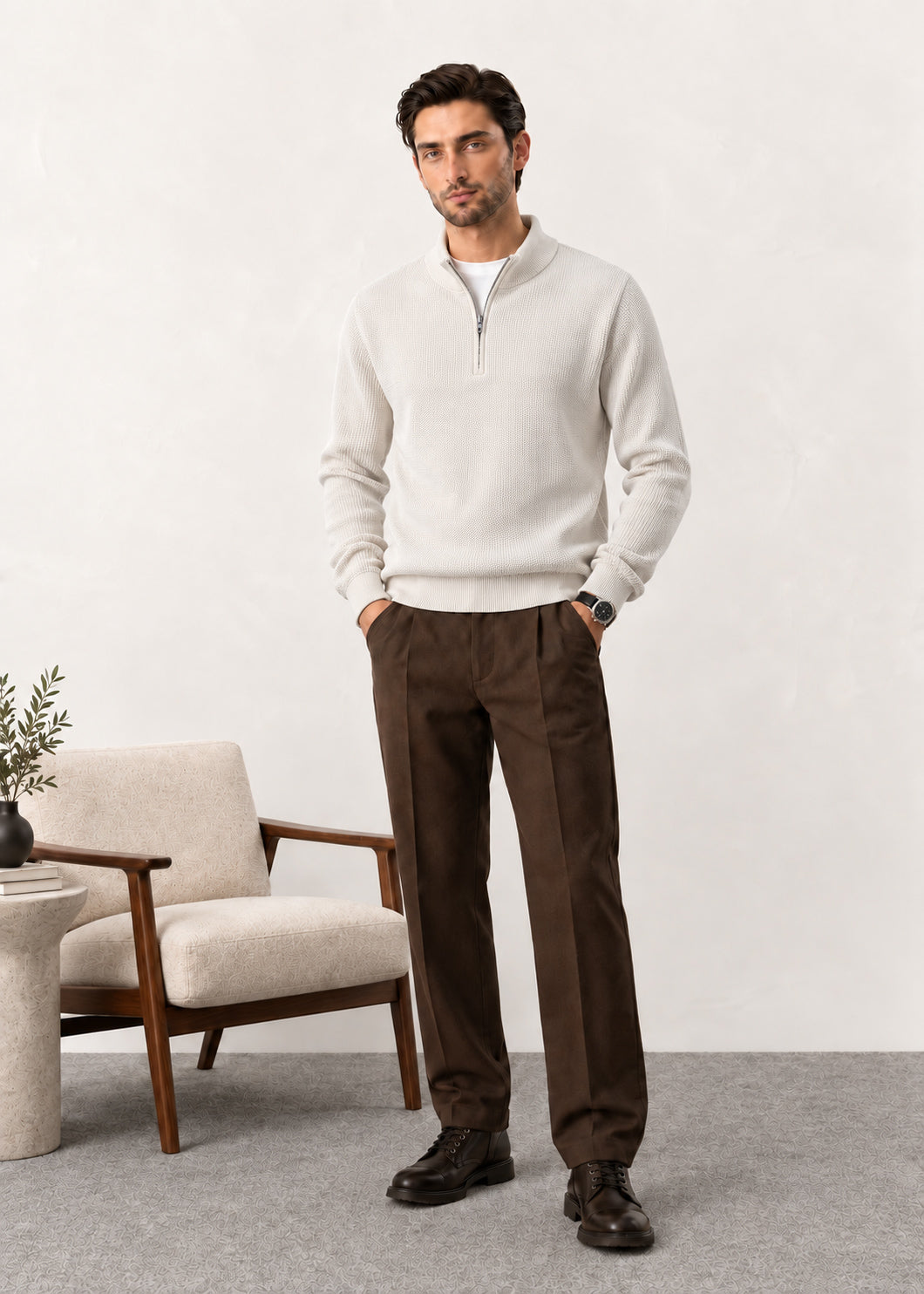 Ivory White  Zipper Polo Sweater