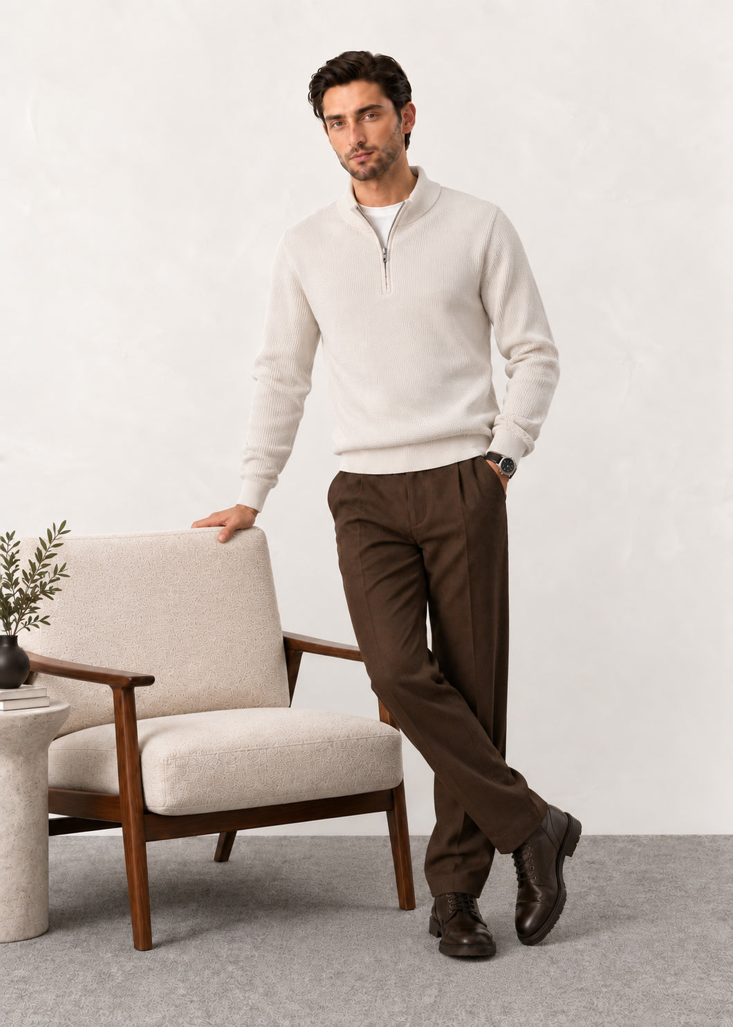 Ivory White  Zipper Polo Sweater