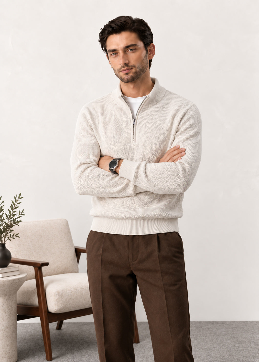 Ivory White  Zipper Polo Sweater