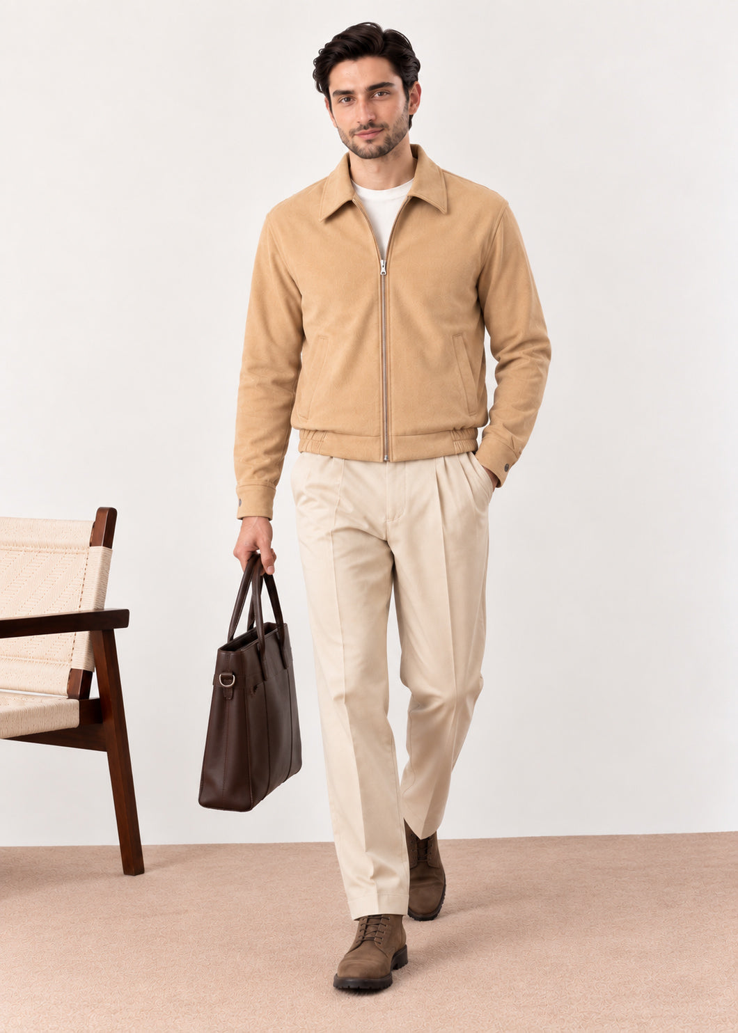 Camel Beige Suede Blouson Jacket