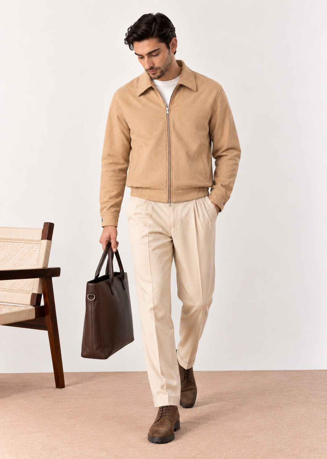 Camel Beige Suede Blouson Jacket