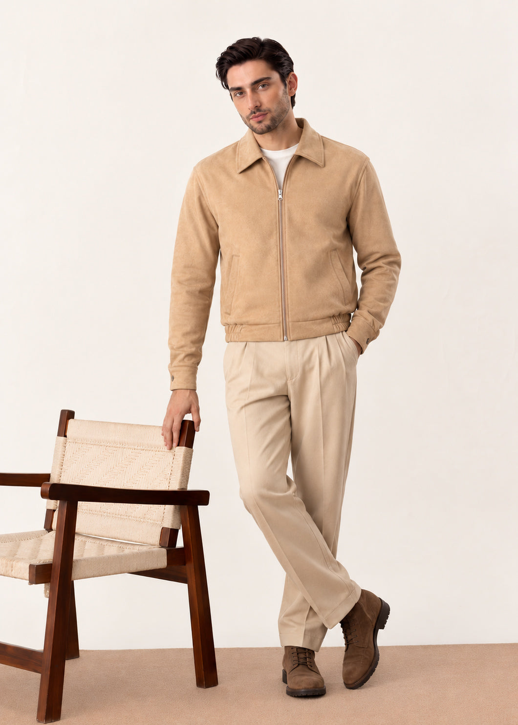 Camel Beige Suede Blouson Jacket