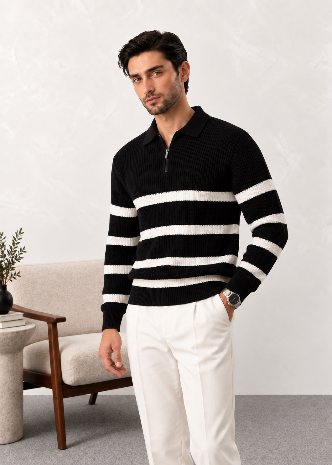 Black Striper Polo Sweater
