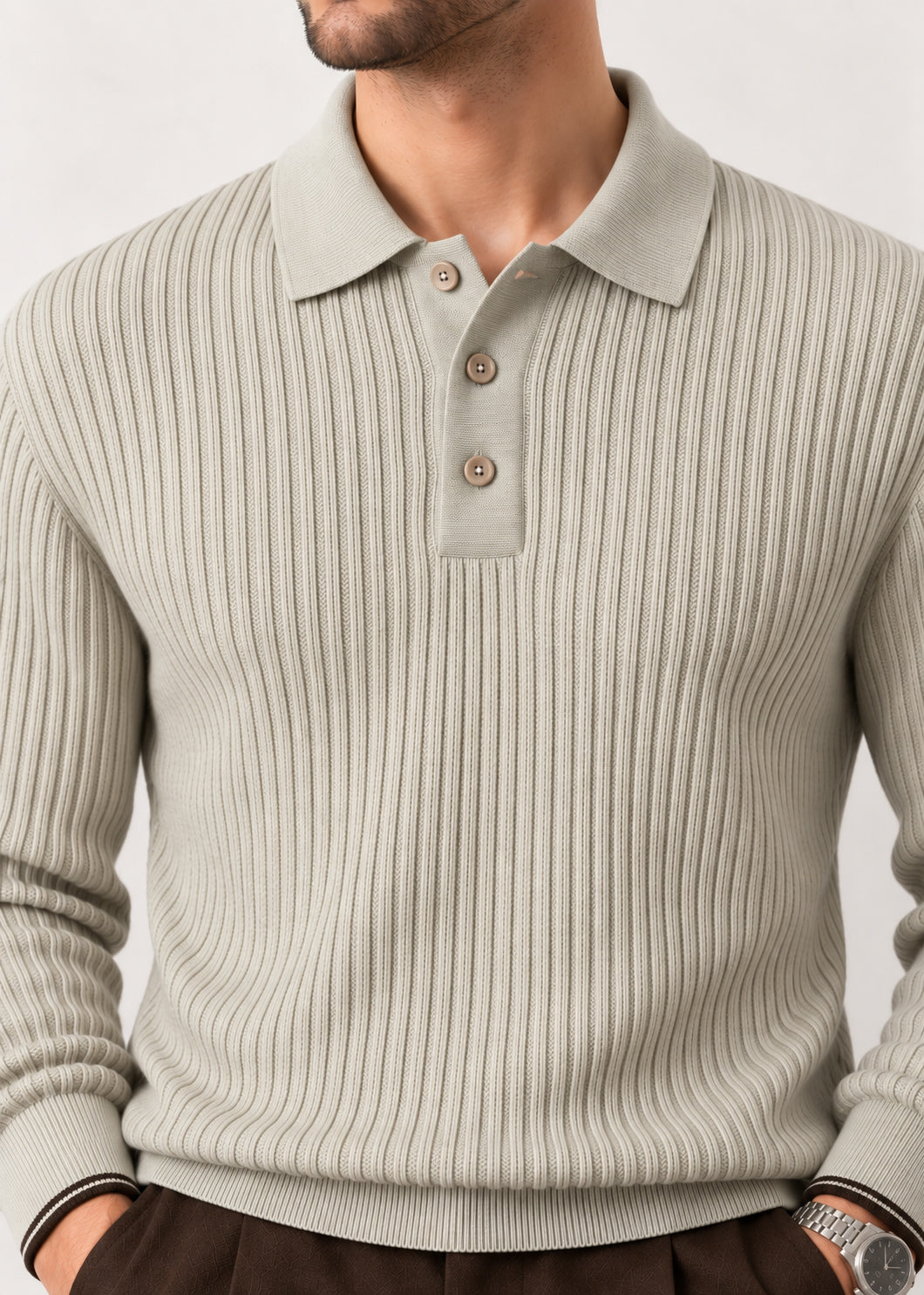 Oat Beige Ribbed Polo Sweater