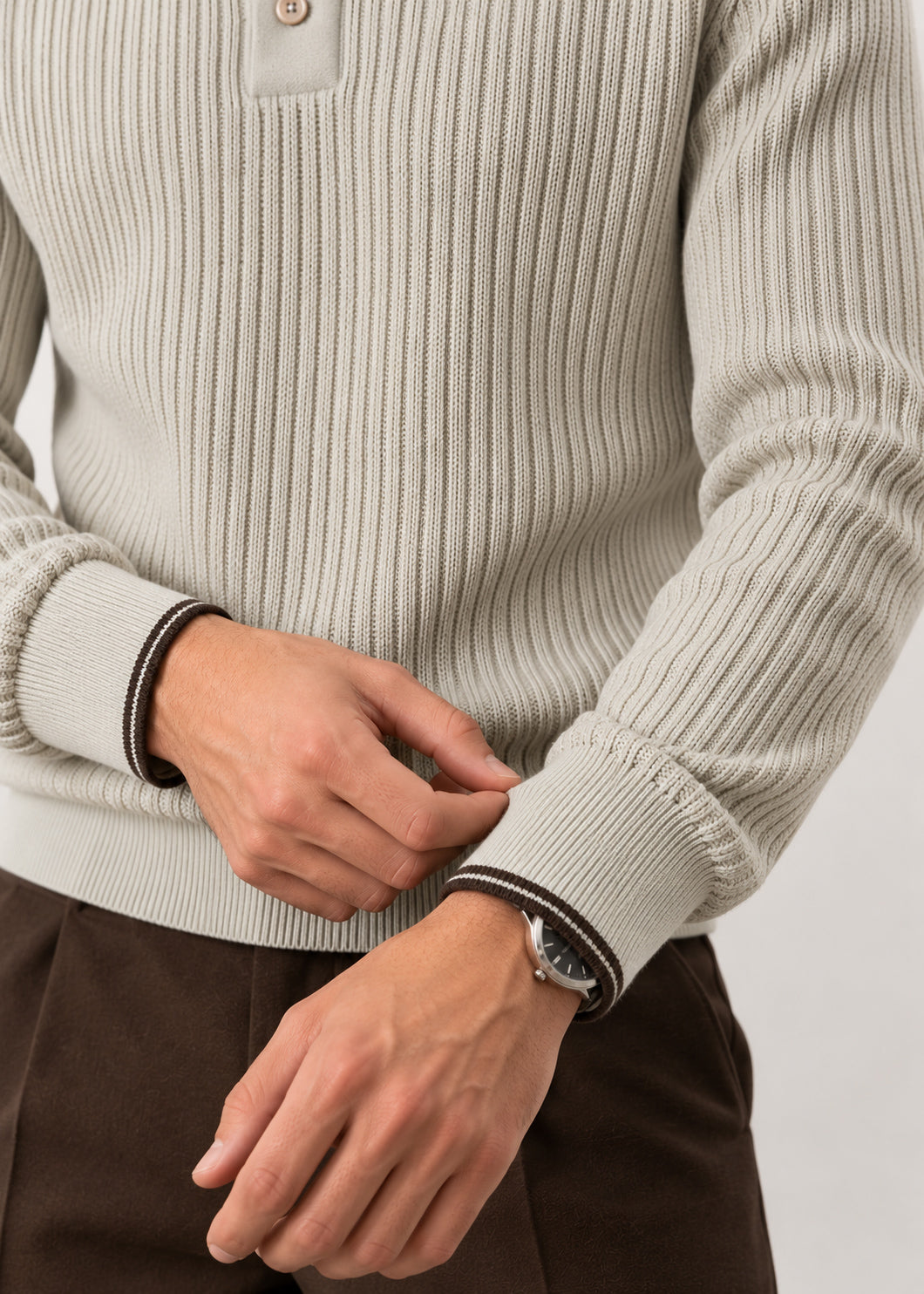 Oat Beige Ribbed Polo Sweater