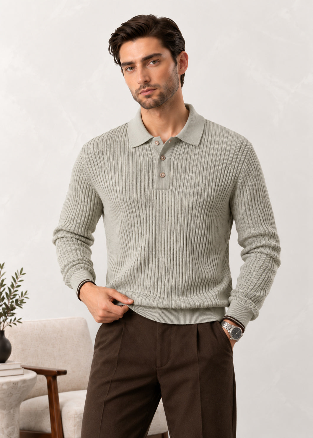 Oat Beige Ribbed Polo Sweater