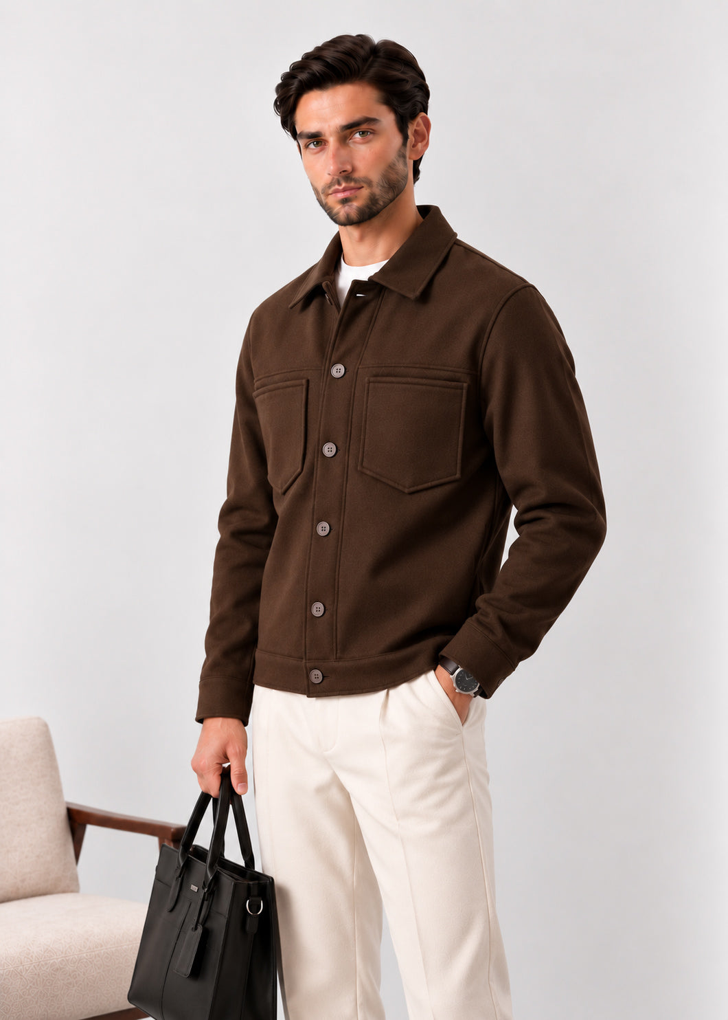 Mocha Brown Wool Blend Boxy Jacket