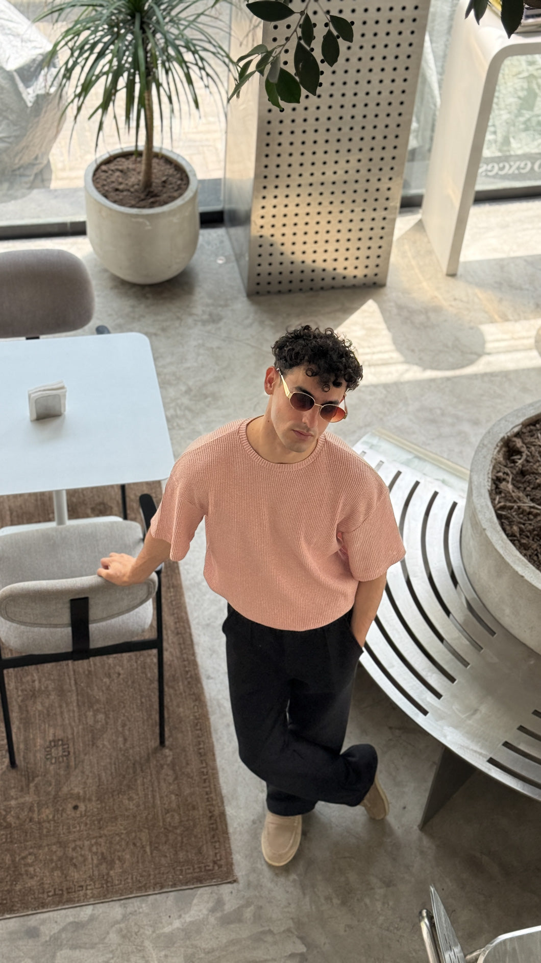 Pearl Pink Waffle Oversized Tee - Men - Men
