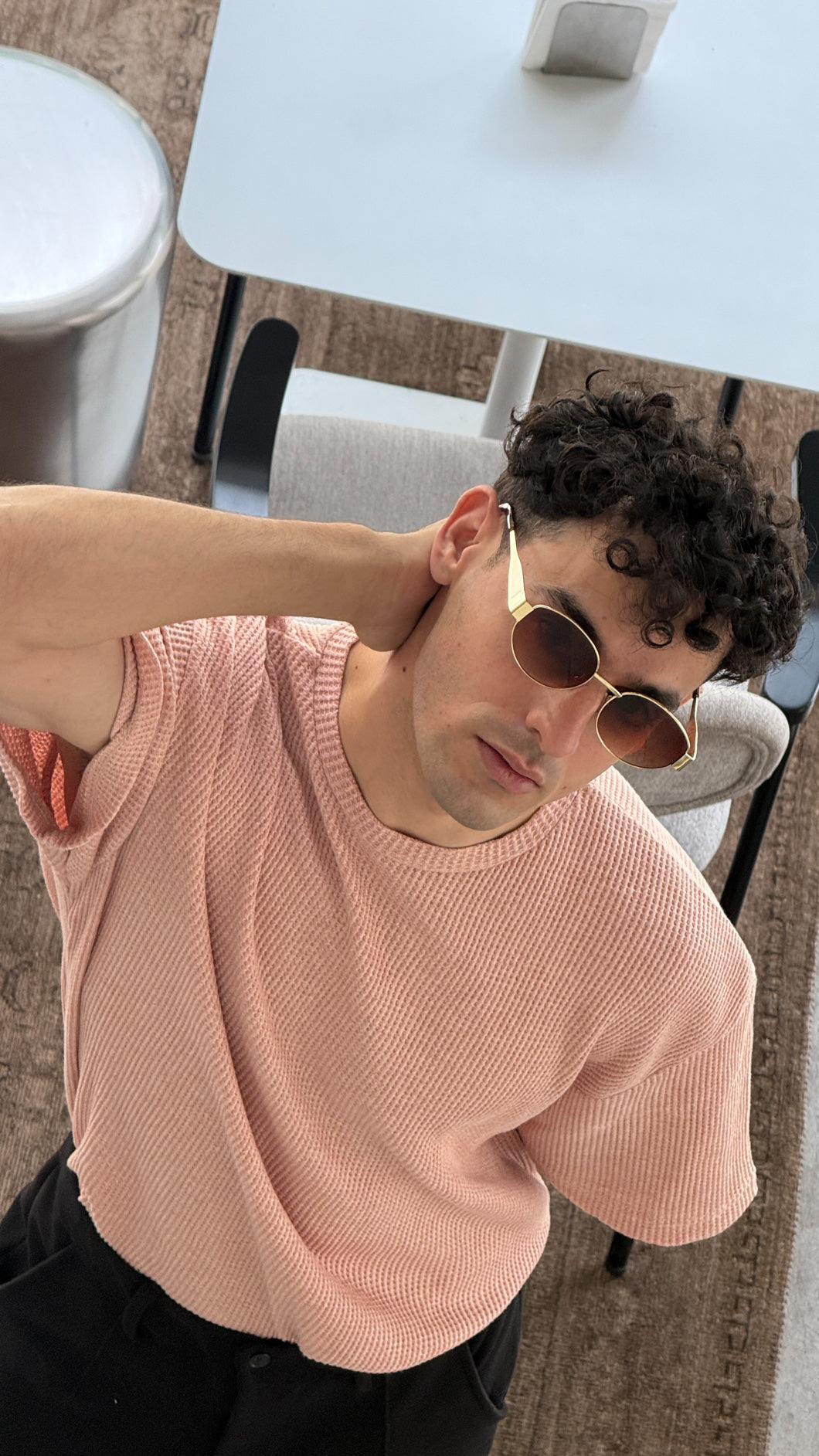 Pearl Pink Waffle Oversized Tee - Men - Men