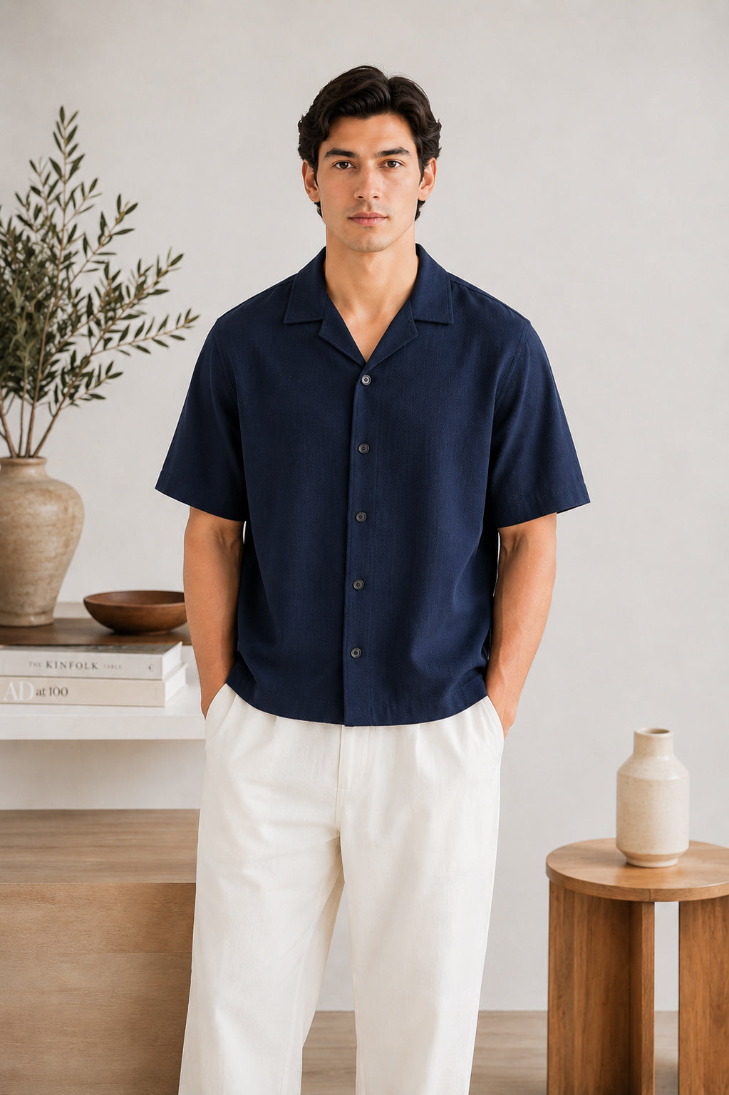 Navy Blue Boxy Revere Button Down - Men - Men