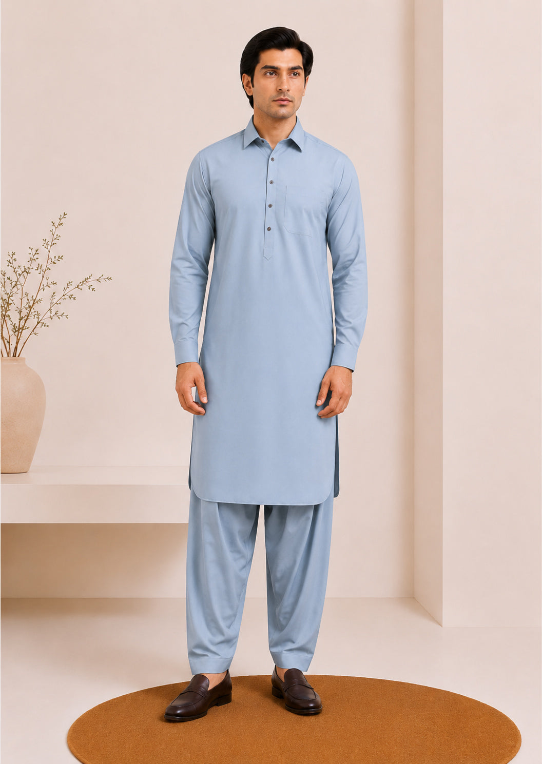 Powder Blue French Collar Kameez Shalwar - Men - Men