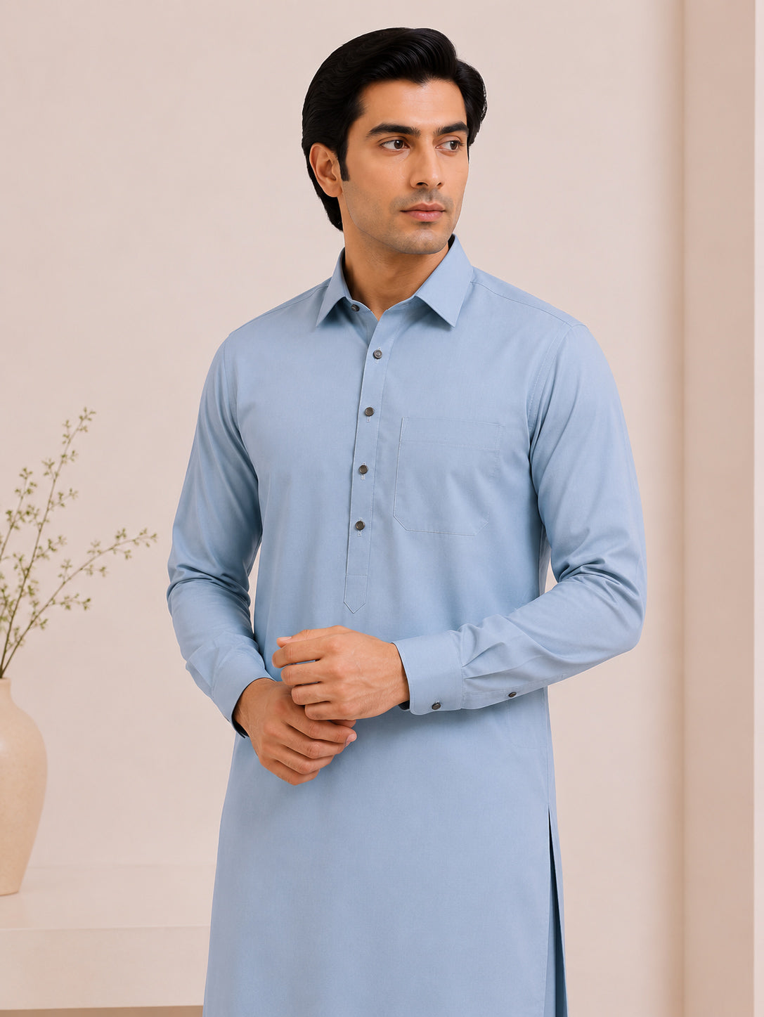 Powder Blue French Collar Kameez Shalwar - Men - Men