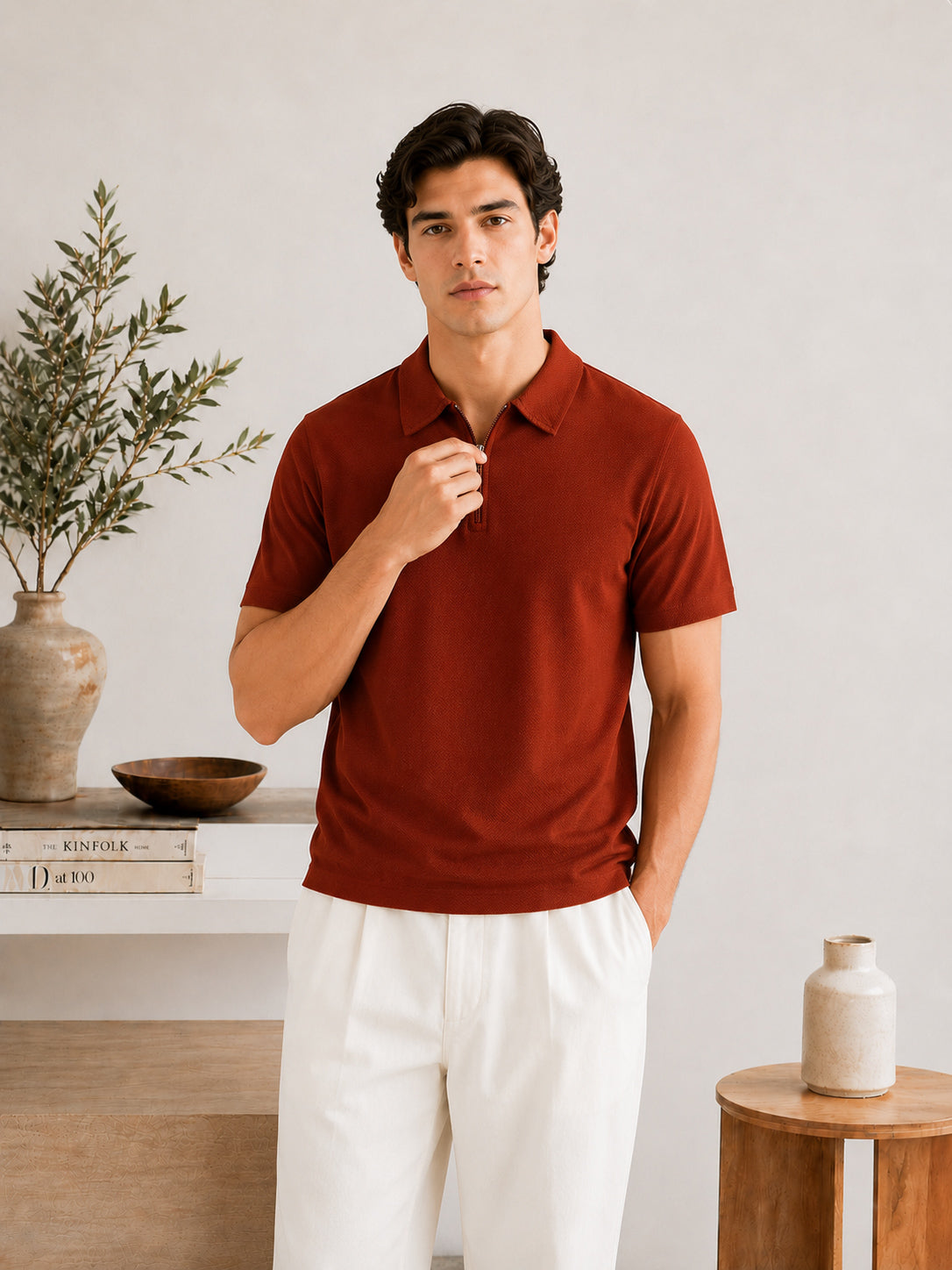 Rust Waffle Zipper Polo - Men - Men