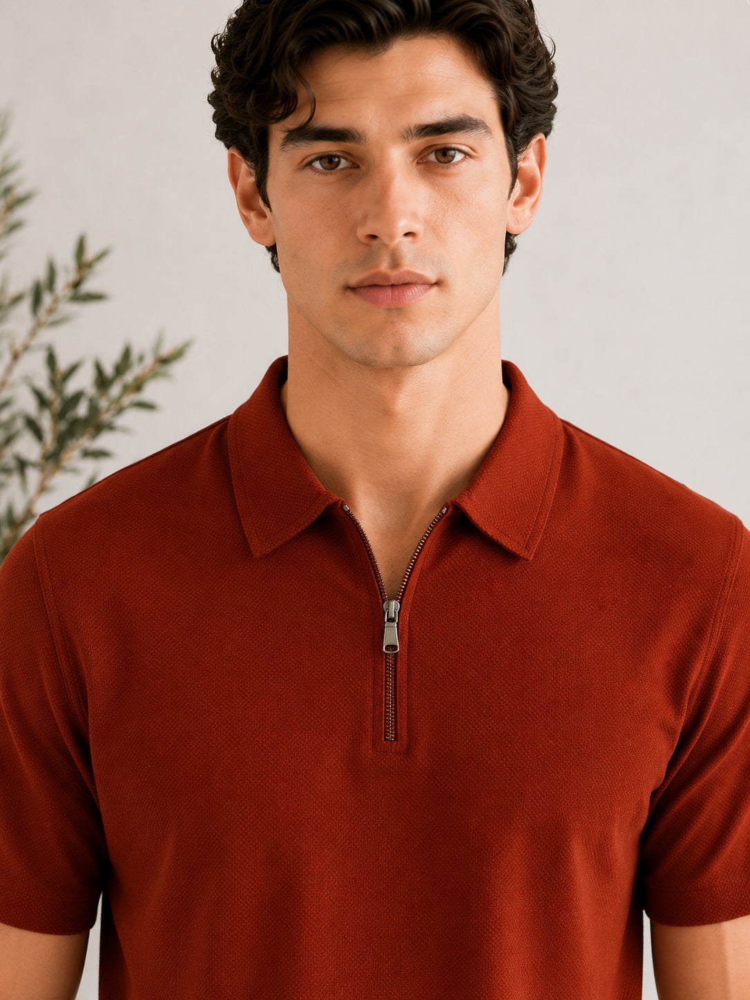Rust Waffle Zipper Polo - Men - Men