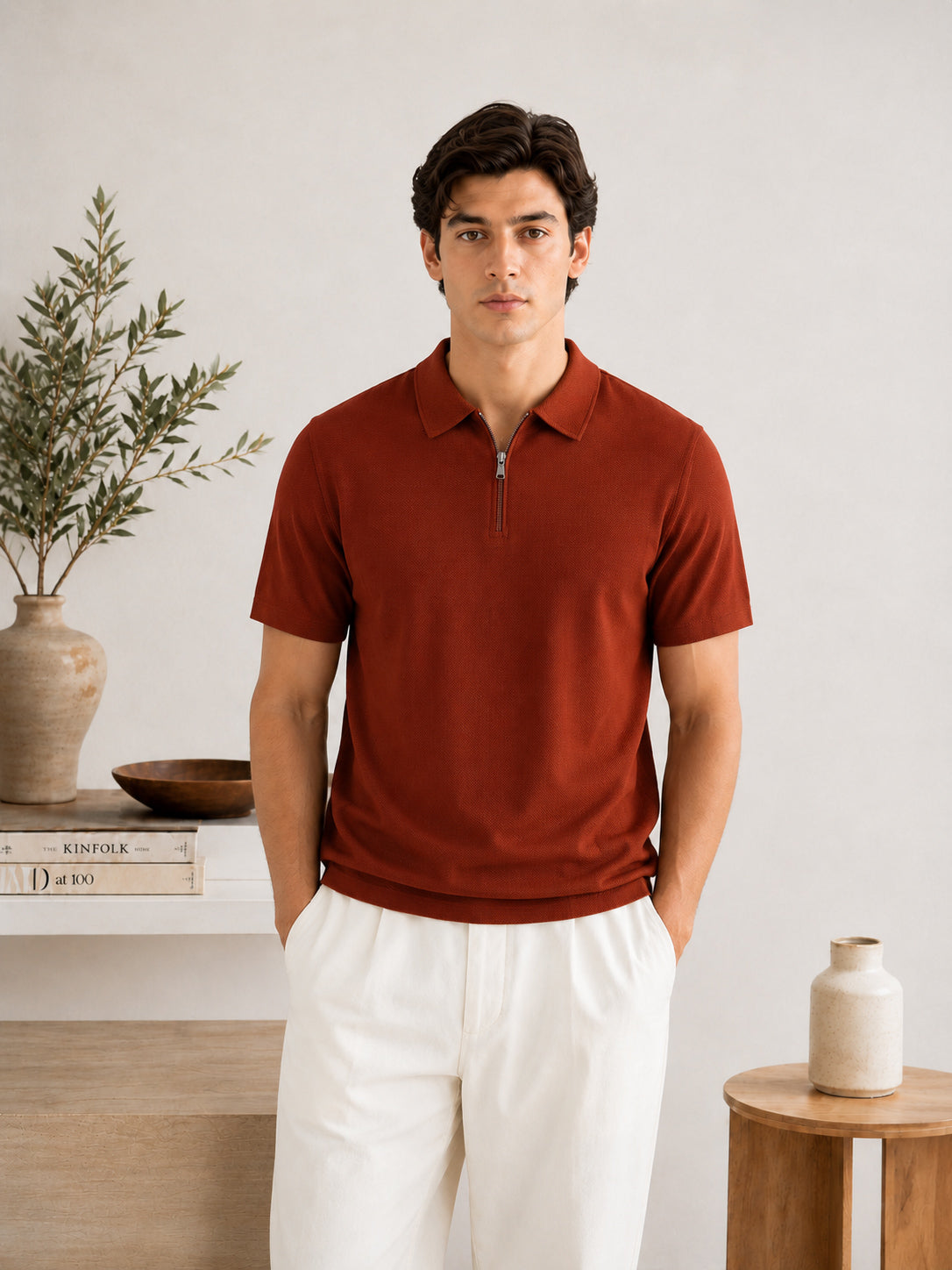 Rust Waffle Zipper Polo - Men - Men
