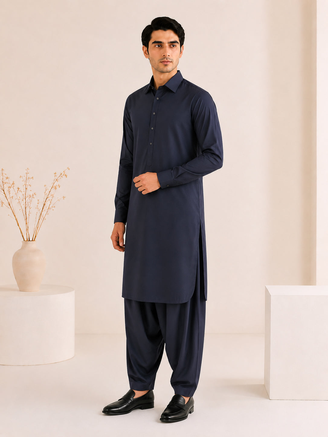 Navy Blue French Collar Kameez Shalwar - Men